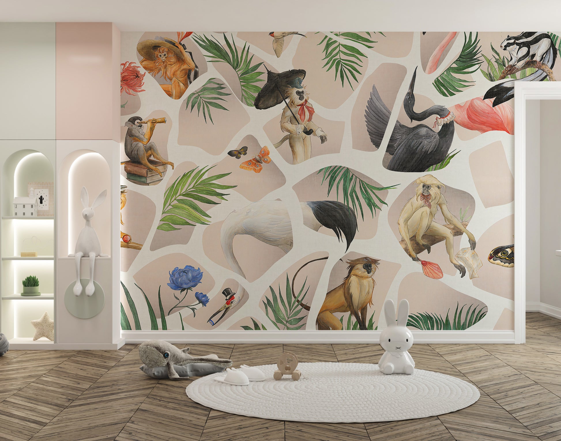 Watercolor beige wallpaper with monkeys and tropical birds