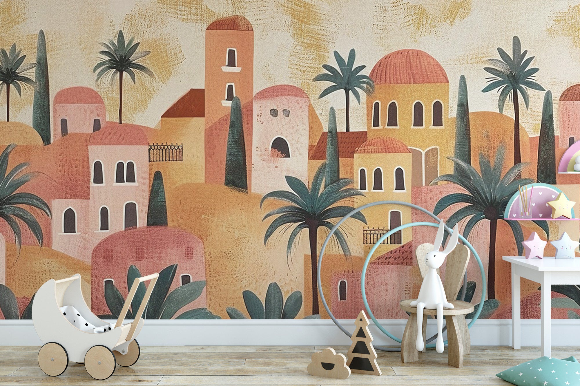 Desert oasis mural with palm trees and a calm atmosphere.
