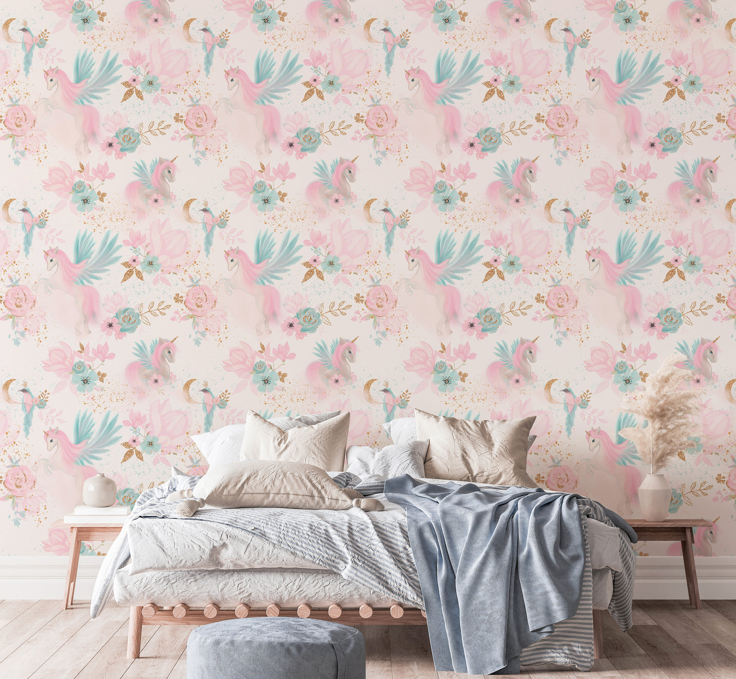 Fairy Magical Garden Unicorn Pink and Blue Color Wallpaper