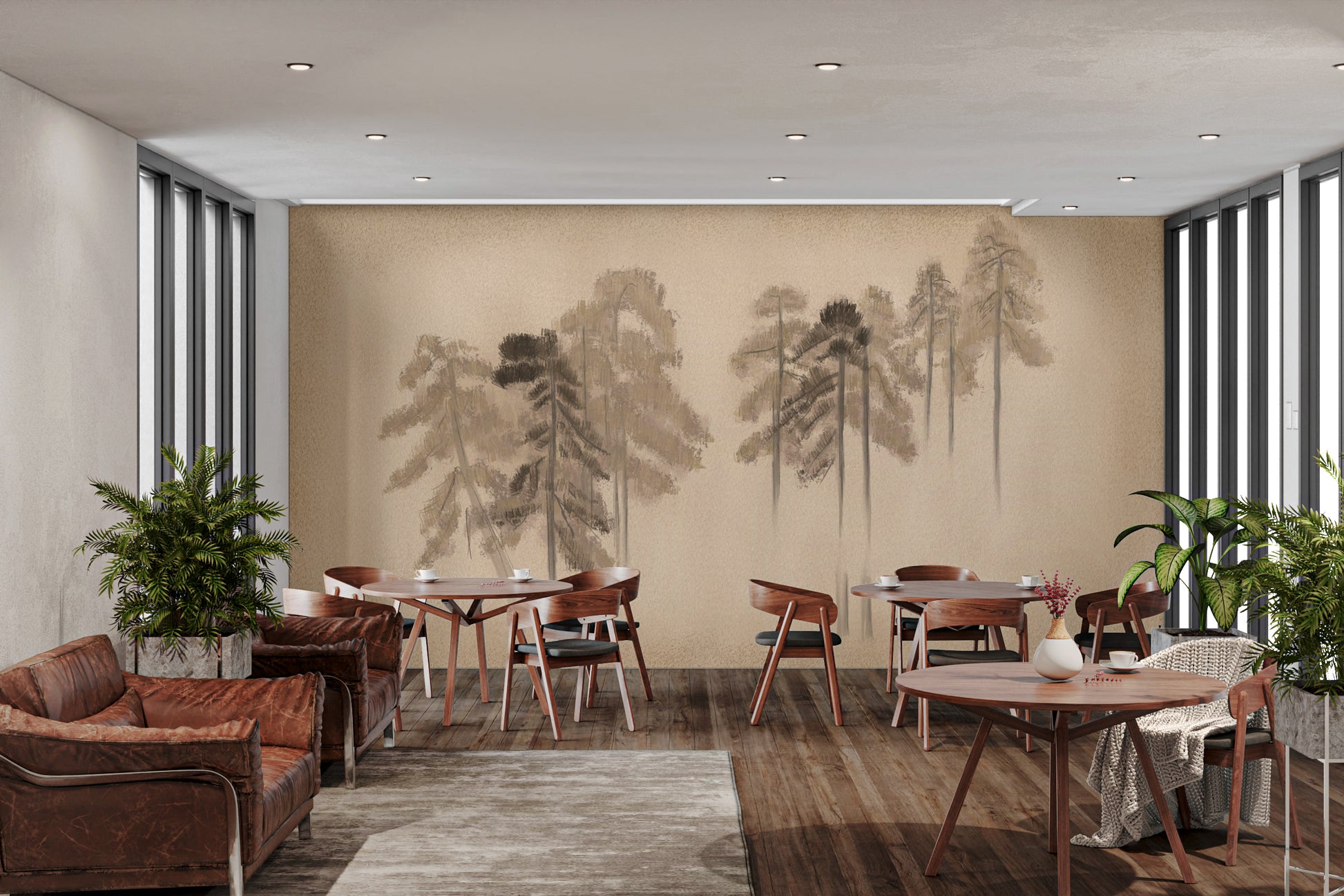 Atmospheric mural featuring a rugged pine forest