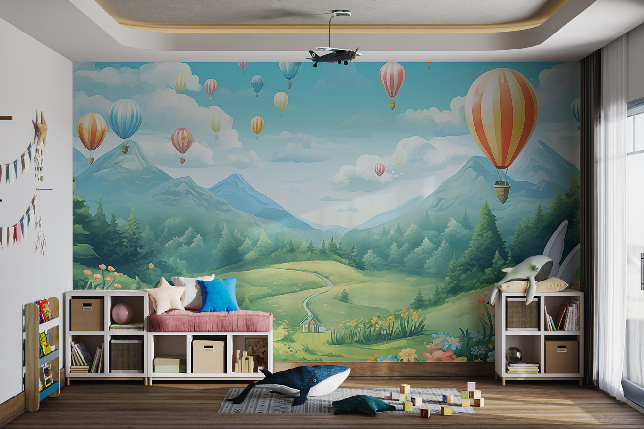 Fantasy landscape wallpaper with floating balloons
