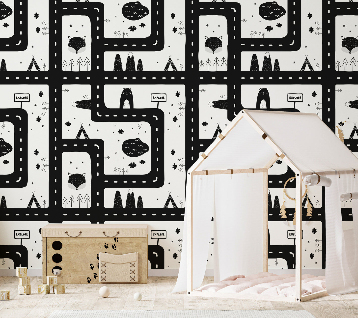 Monochromatic cityscape wallpaper mural design
