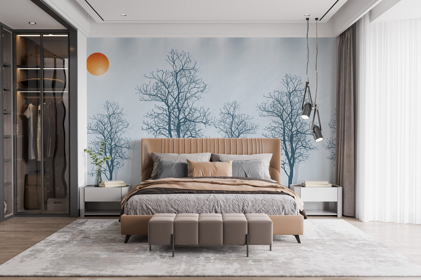 Gray Forest Crimson Sun Wallpaper Mural