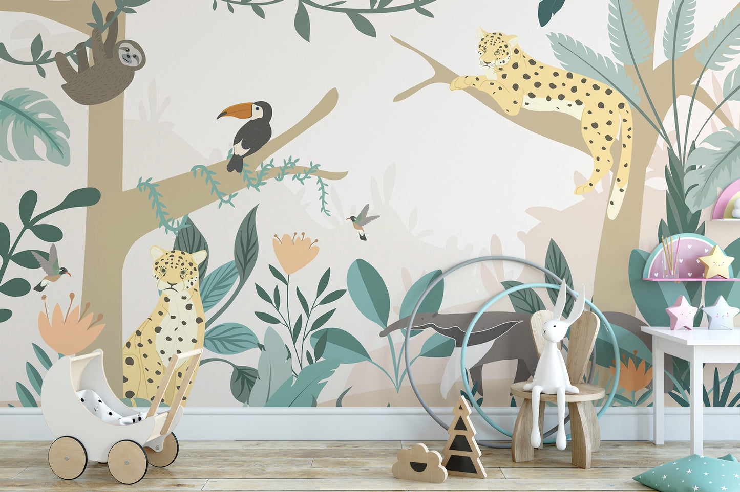 Cheerful rainforest friends mural with tropical animals.
