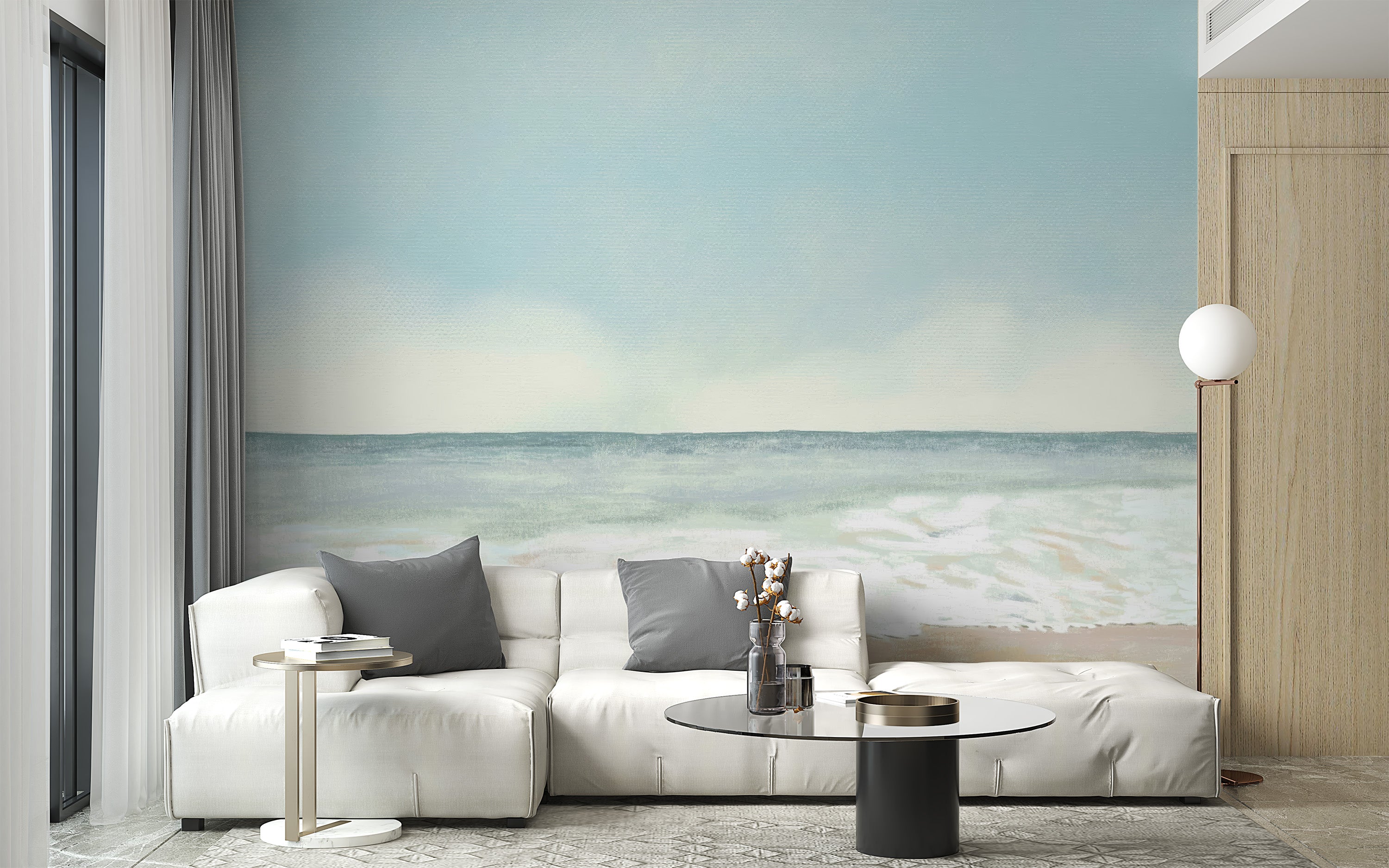 Beach-themed wall mural with watercolor-inspired waves
