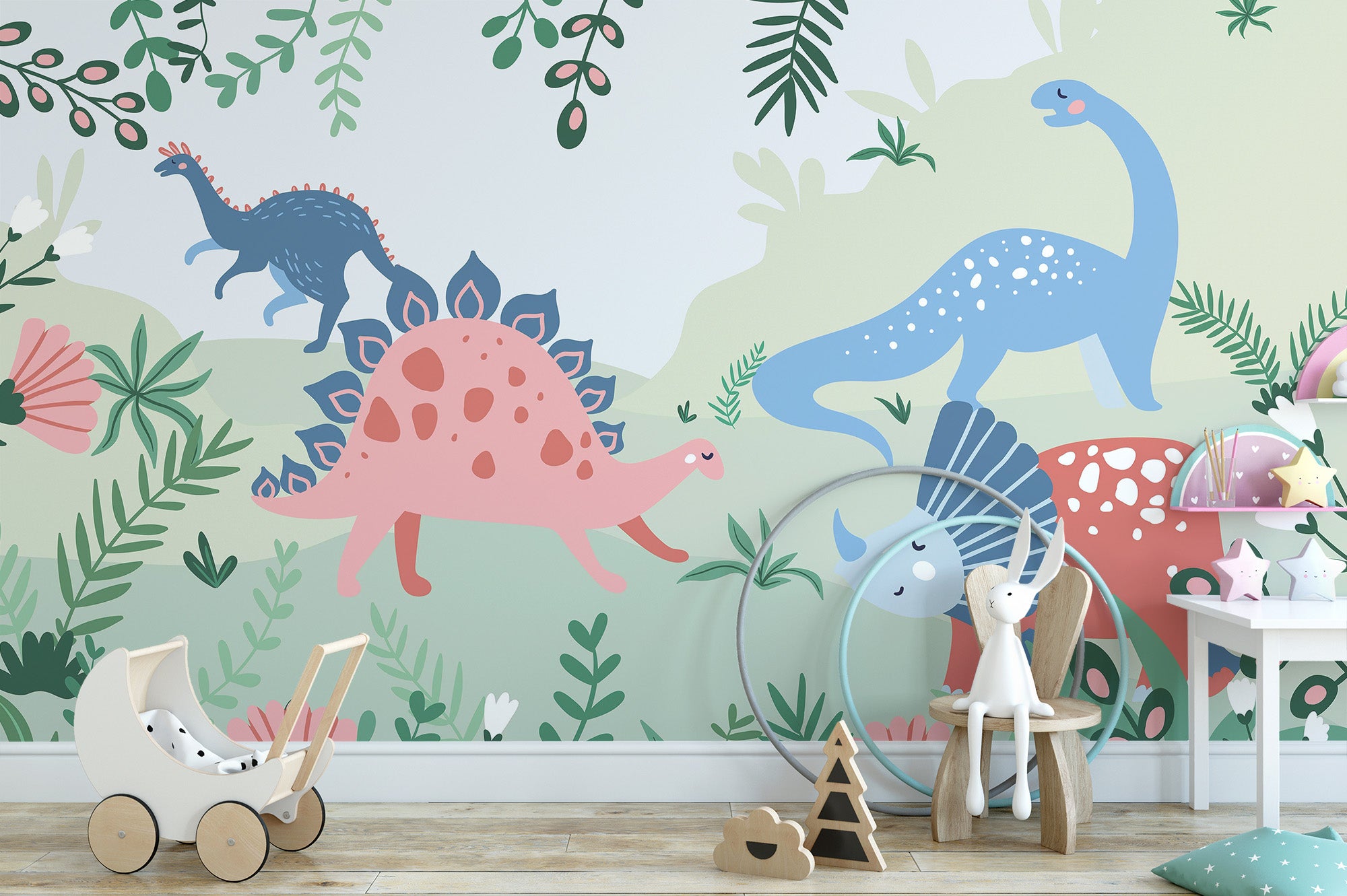 Vibrant dinosaur wallpaper mural for a Jurassic adventure.
