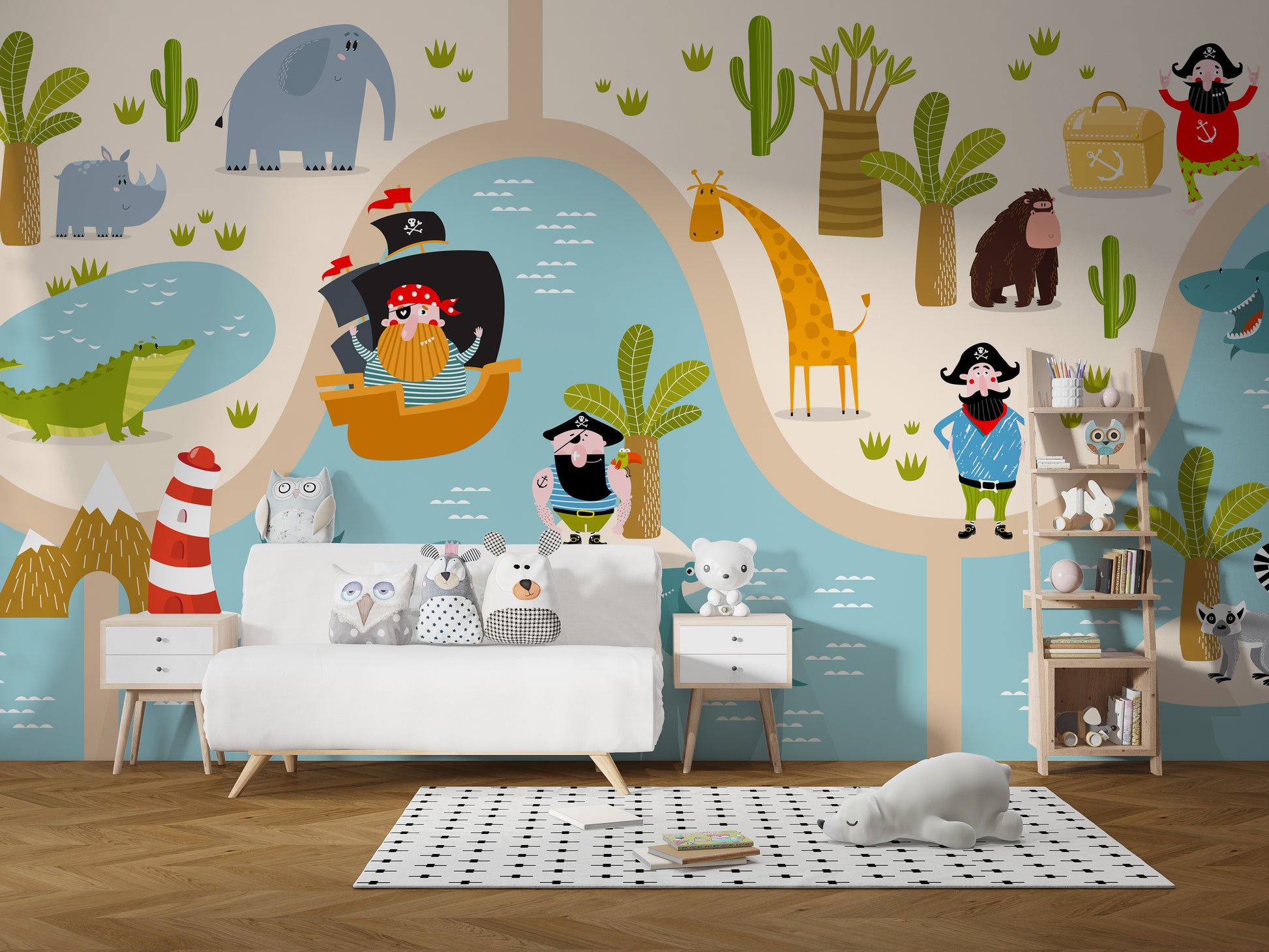 Whimsical pirate crew animal mural
