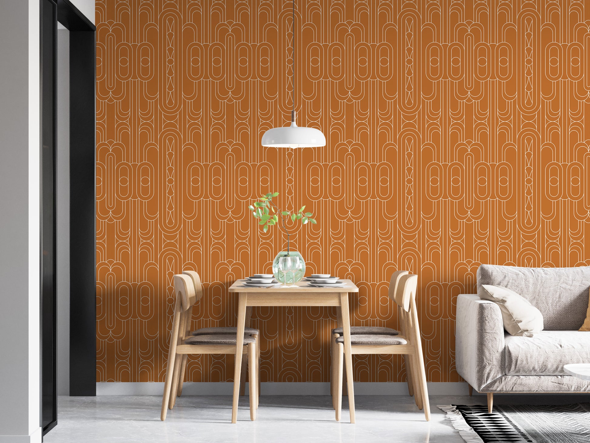 Orange Art Deco with minimalist white patterns.