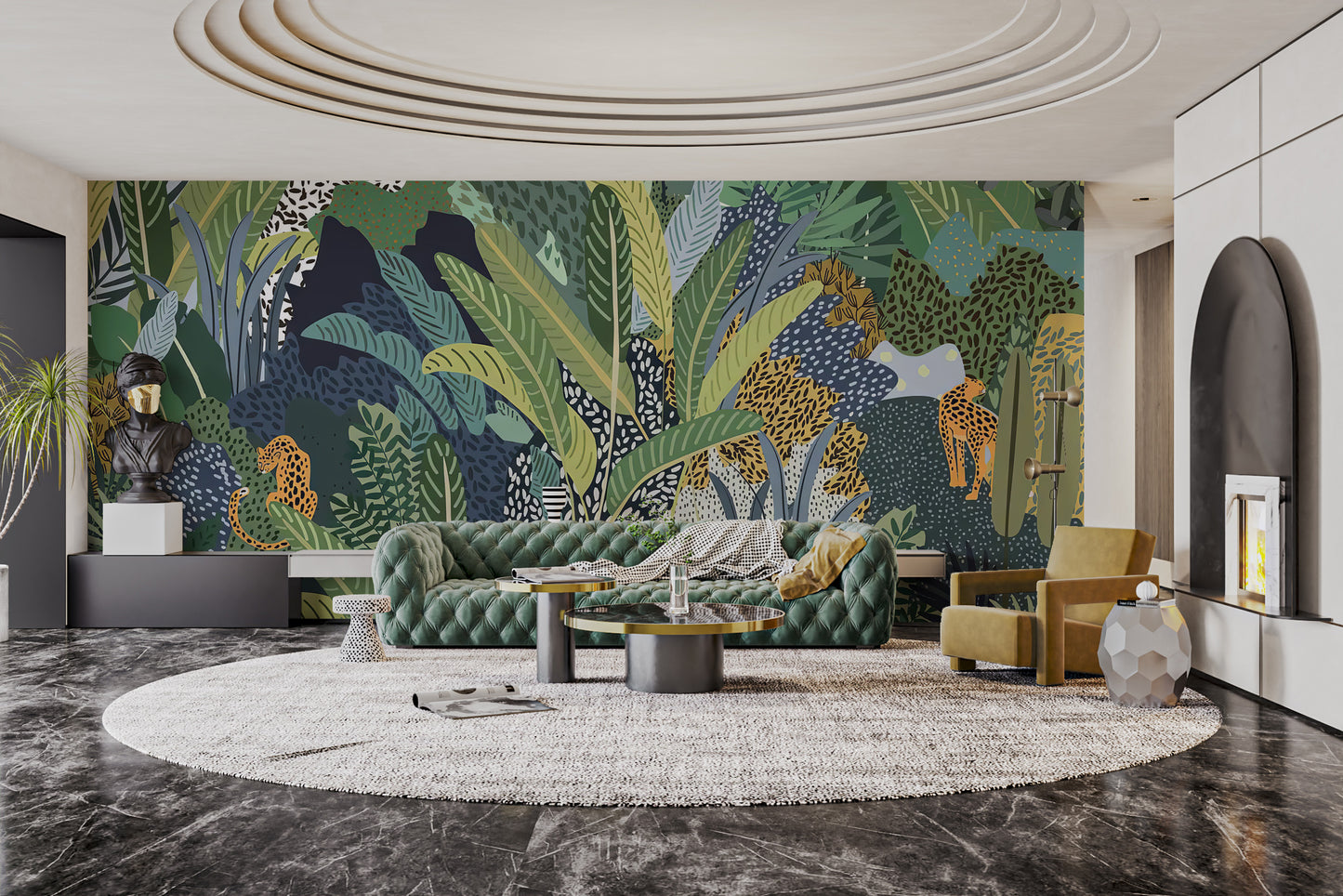 Bold wall mural with a jungle cat in a lush forest backdrop
