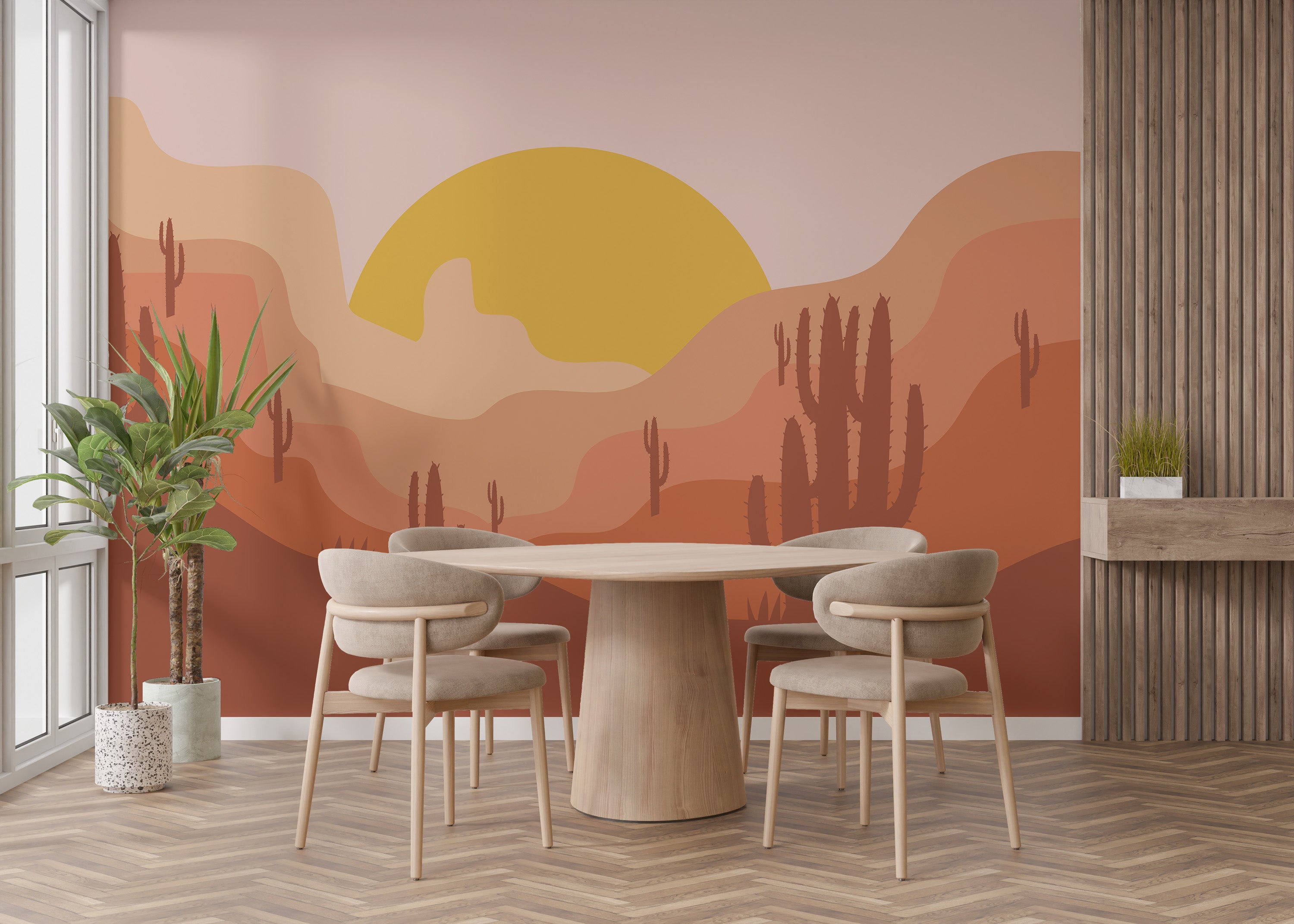 Golden Sun Cactus Wall Mural with vibrant desert hues.