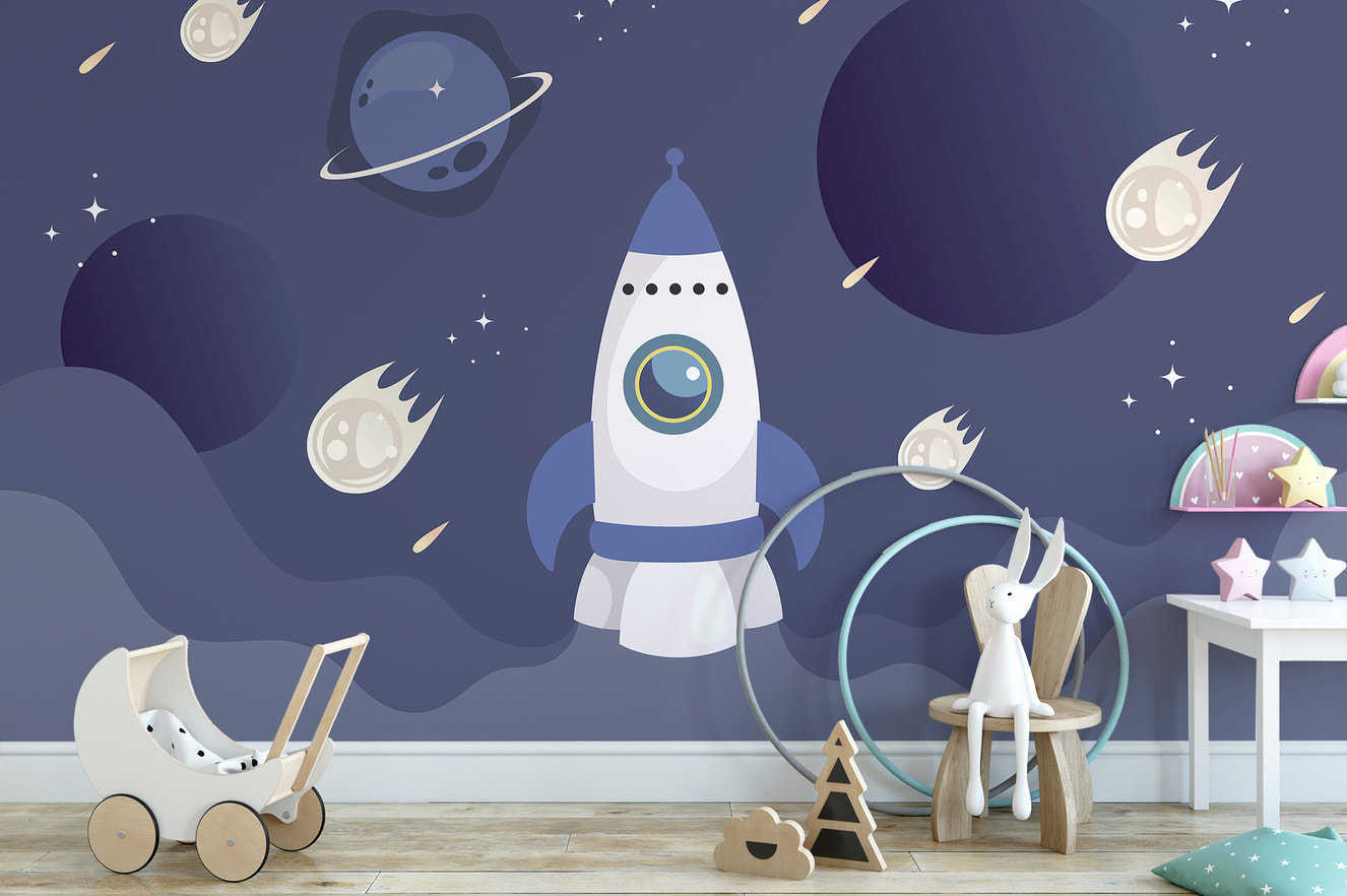 Colorful rocket ship wallpaper for children's rooms
