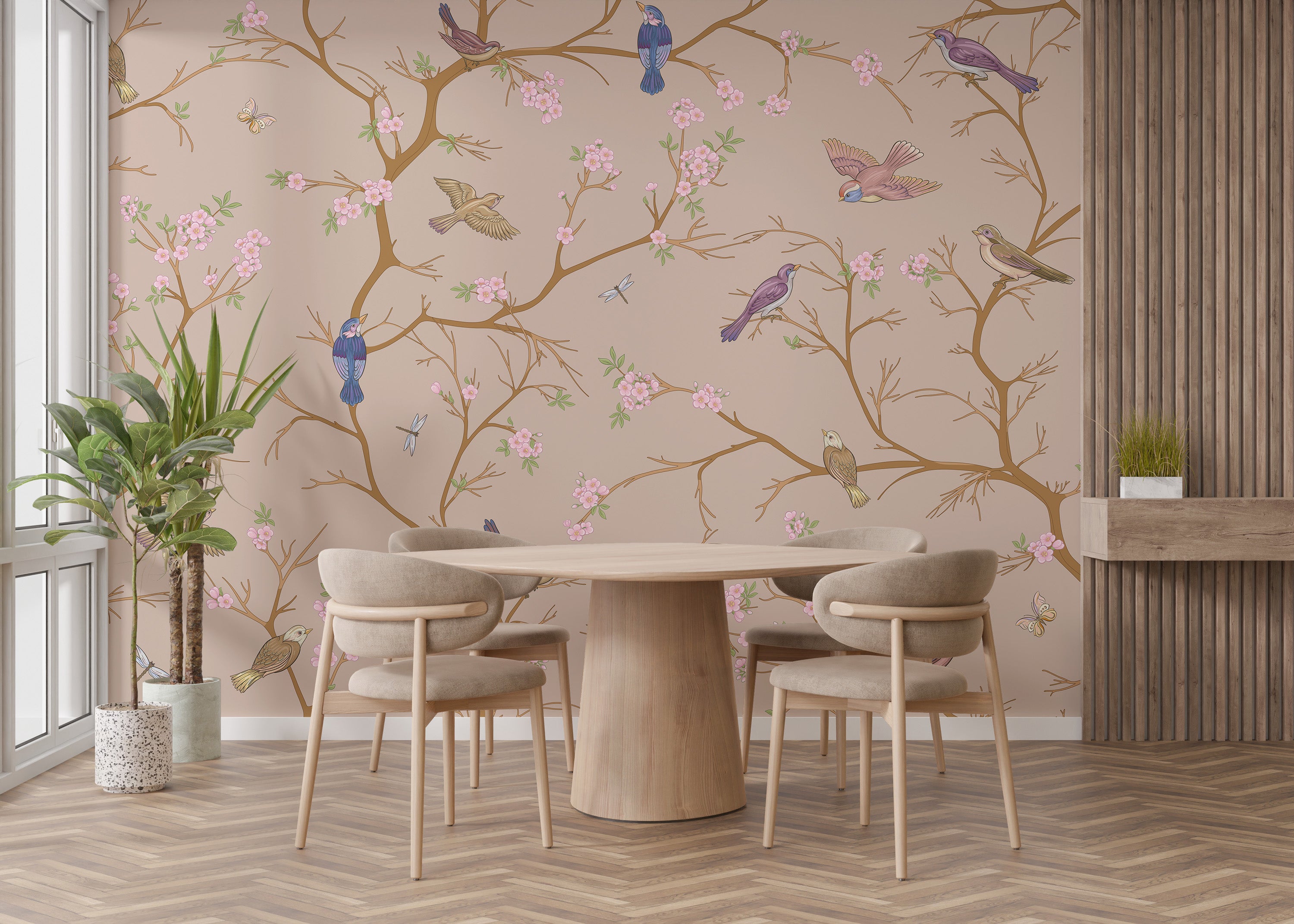 Bird and blossom wall mural in soothing beige hues



