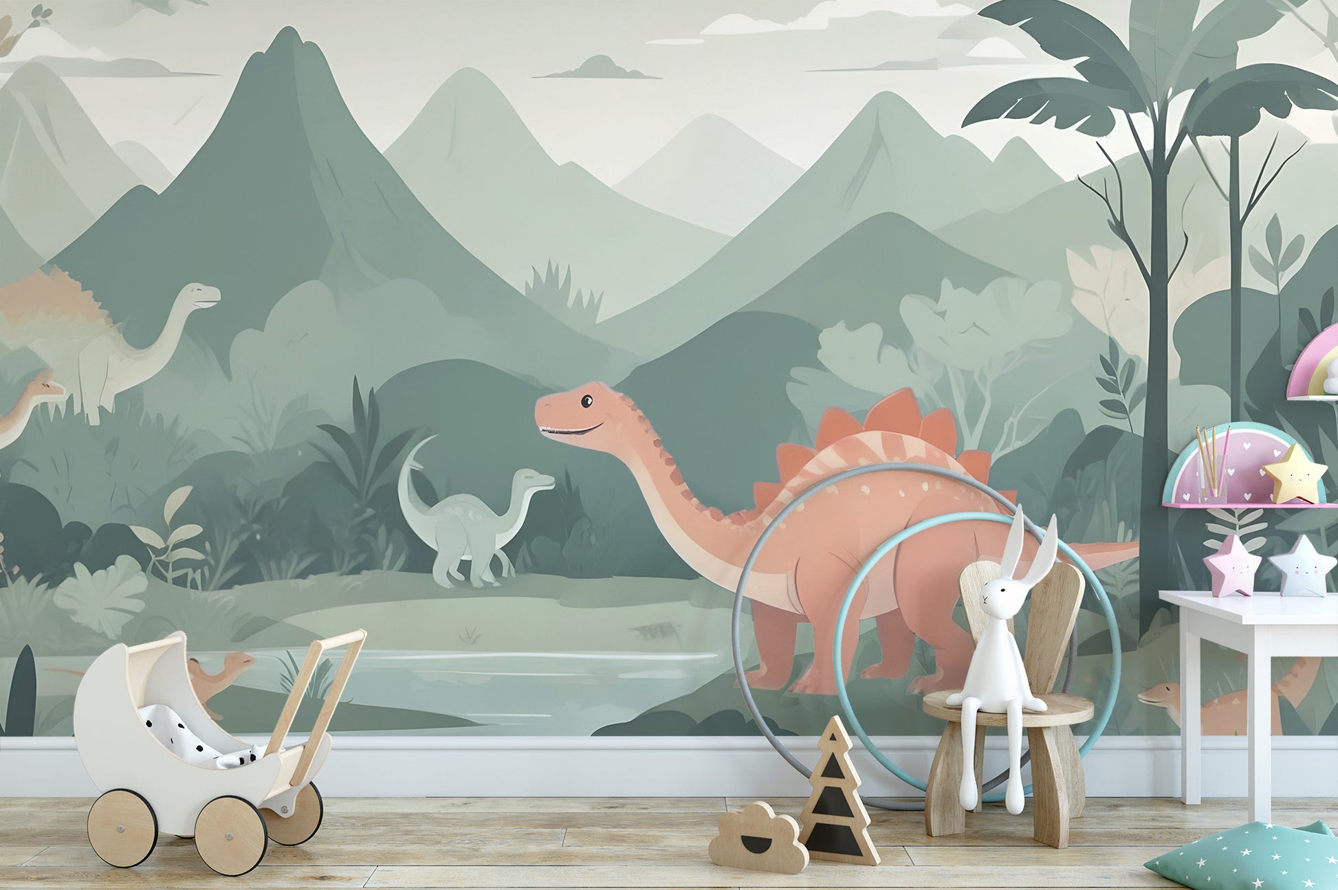 Playful kids mural with dinosaurs for fun room design
