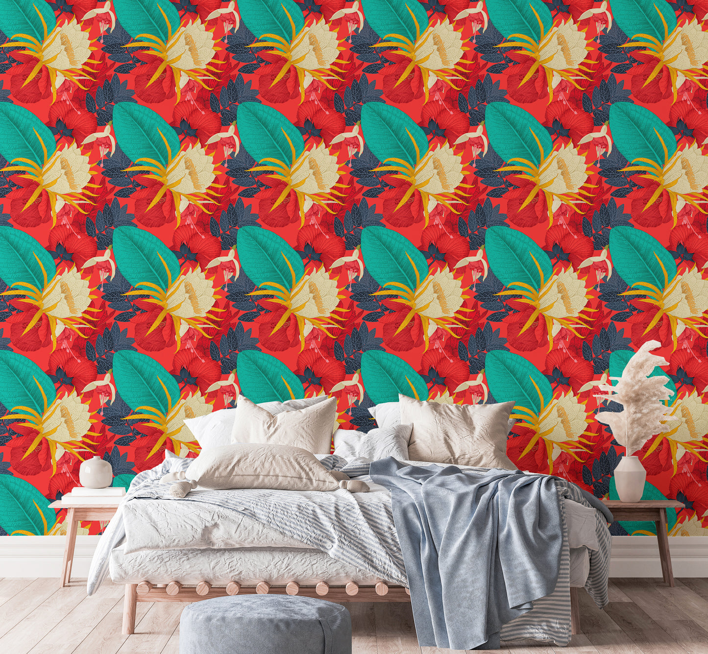 Seamless Pattern Tropical Floral Red Background Wallpaper