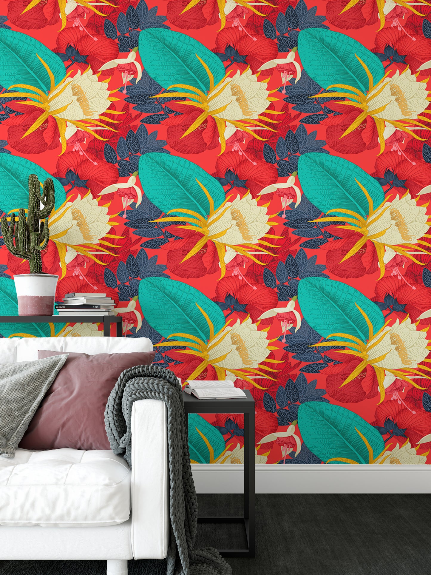 Seamless Pattern Tropical Floral Red Background Wallpaper