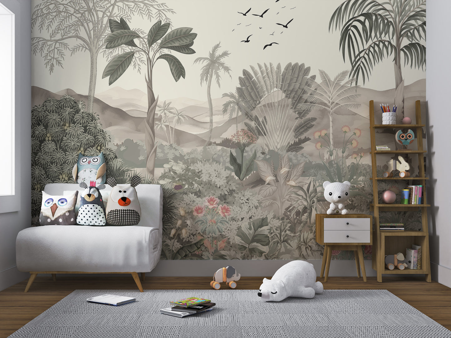 Tropical Jungle Mural with Palm Trees