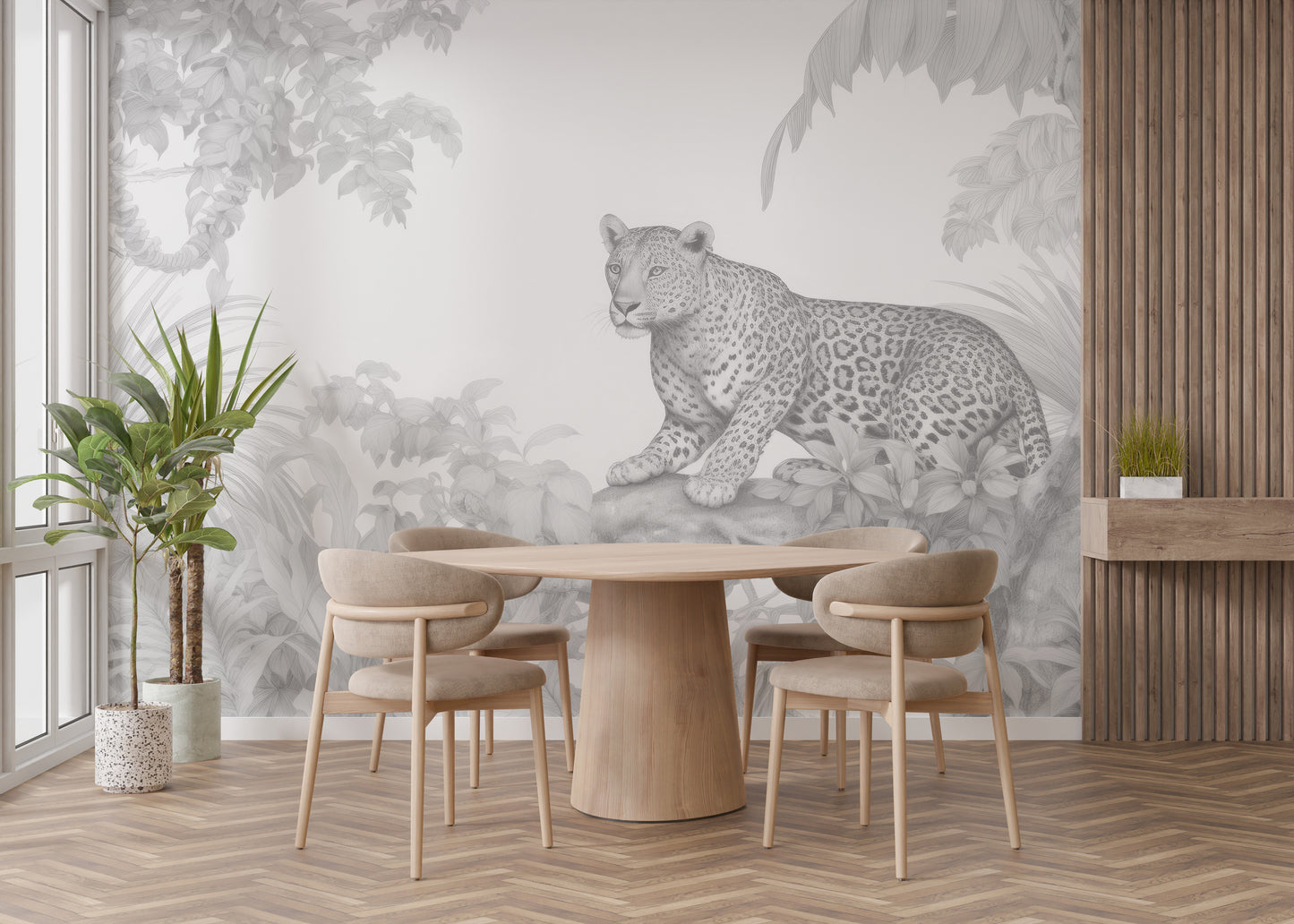 Calm forest wallpaper with a resting leopard design
