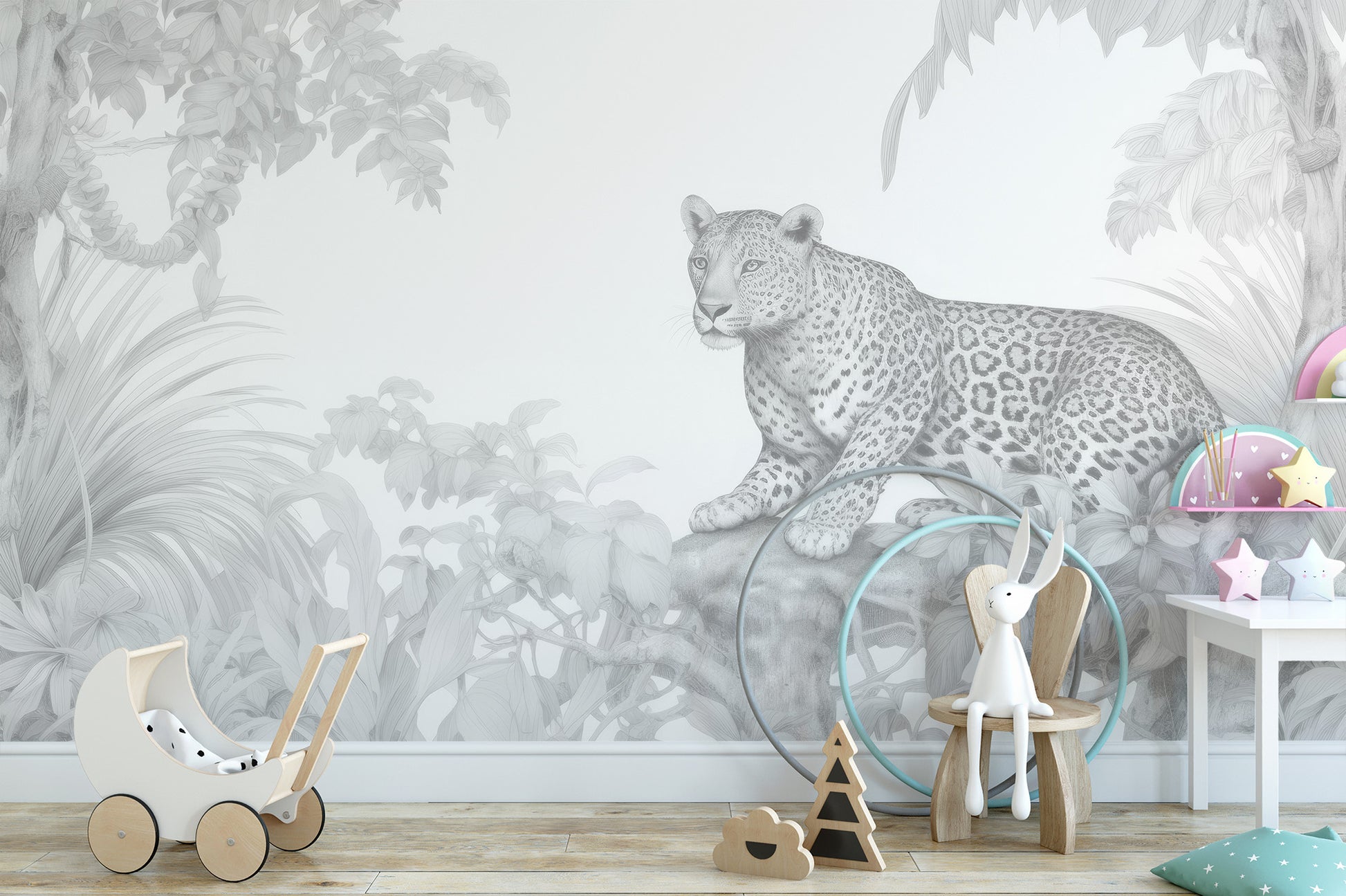 Resting leopard in lush forest wallpaper for serene rooms
