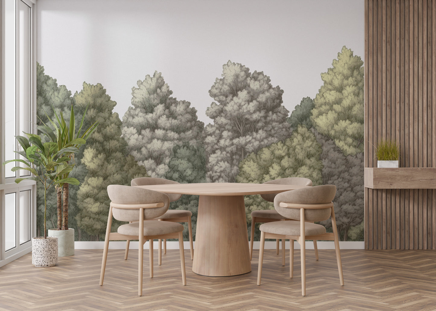 Lush green forest canopy mural for nature-inspired walls
