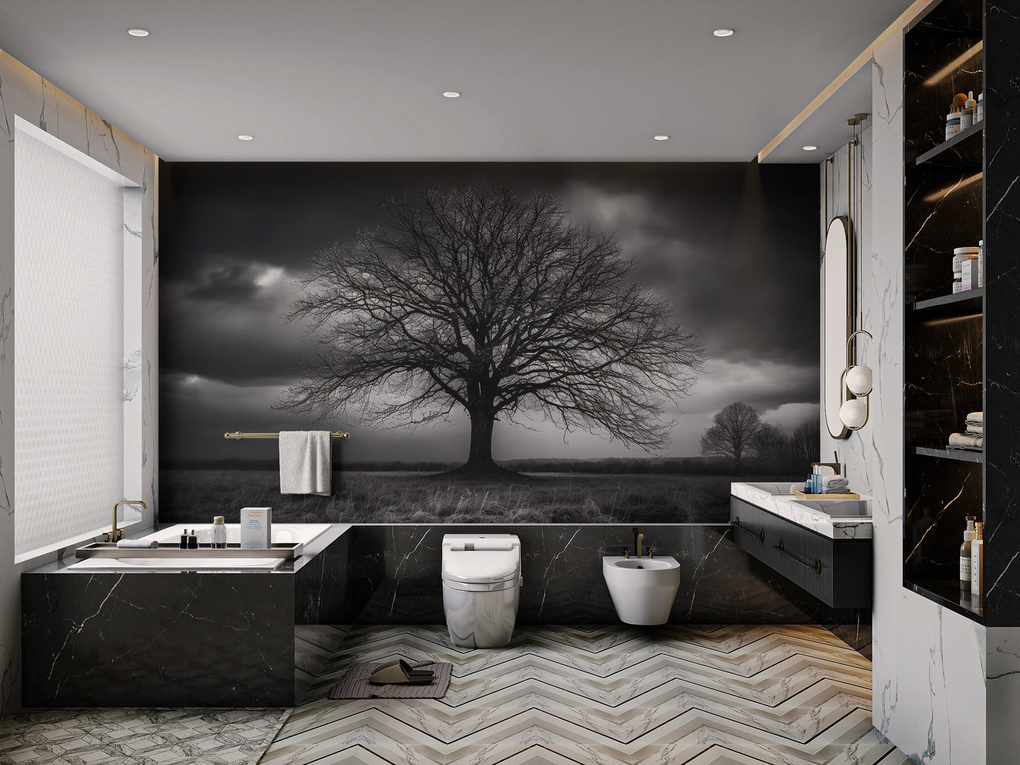 Moody silhouette tree wallpaper for walls
