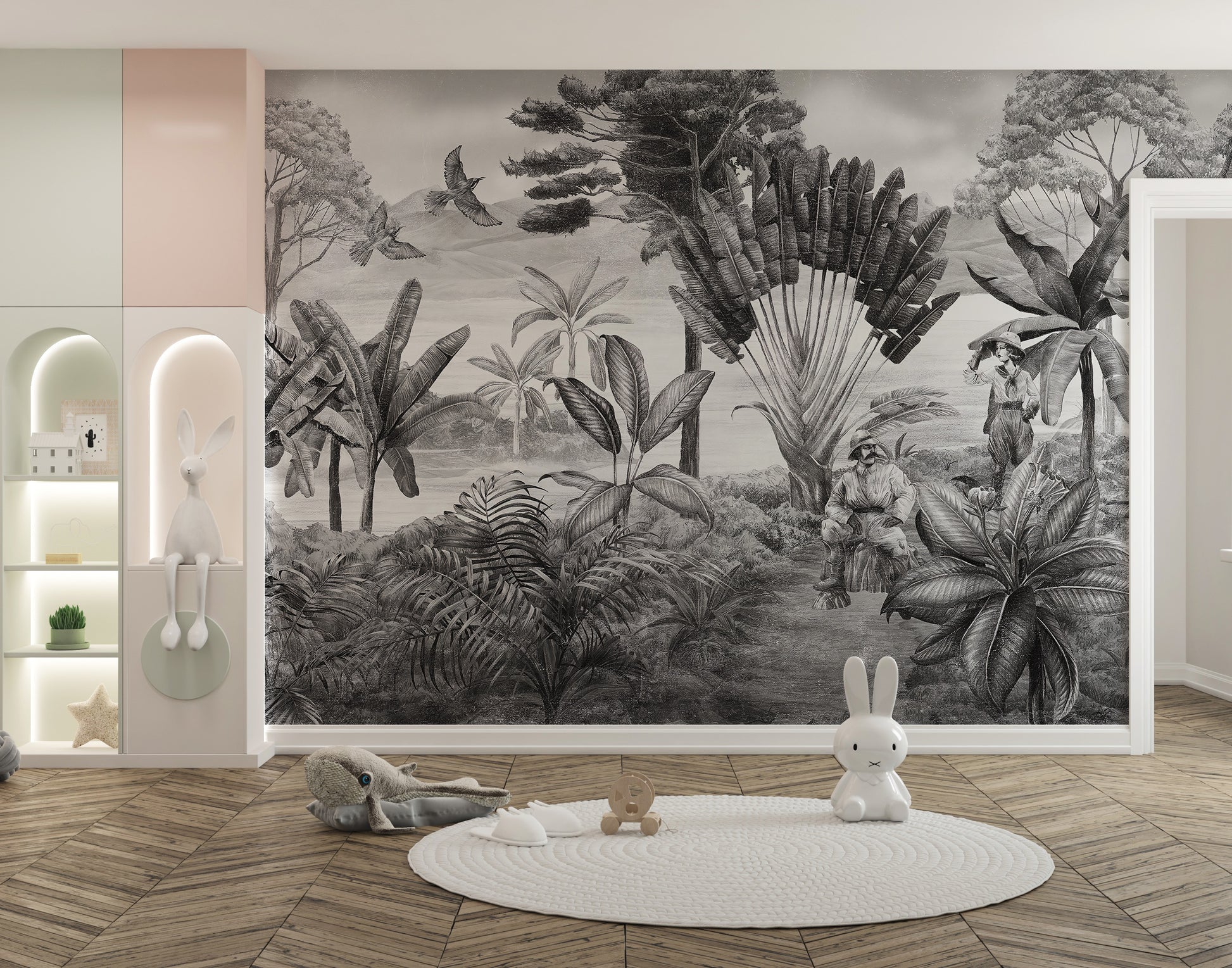 Serene grayscale scenery mural with soft gradients