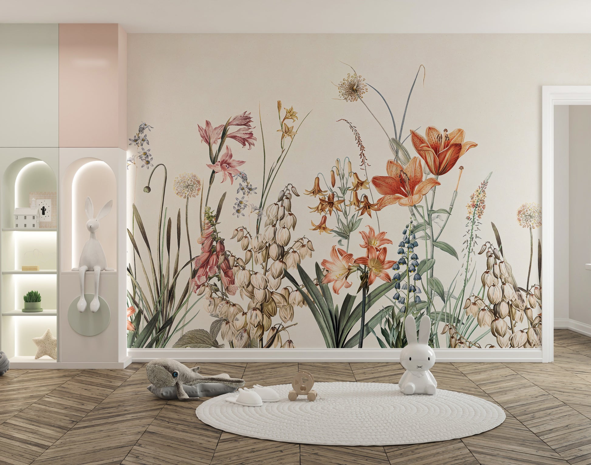 Beige backdrop colorful floral mural