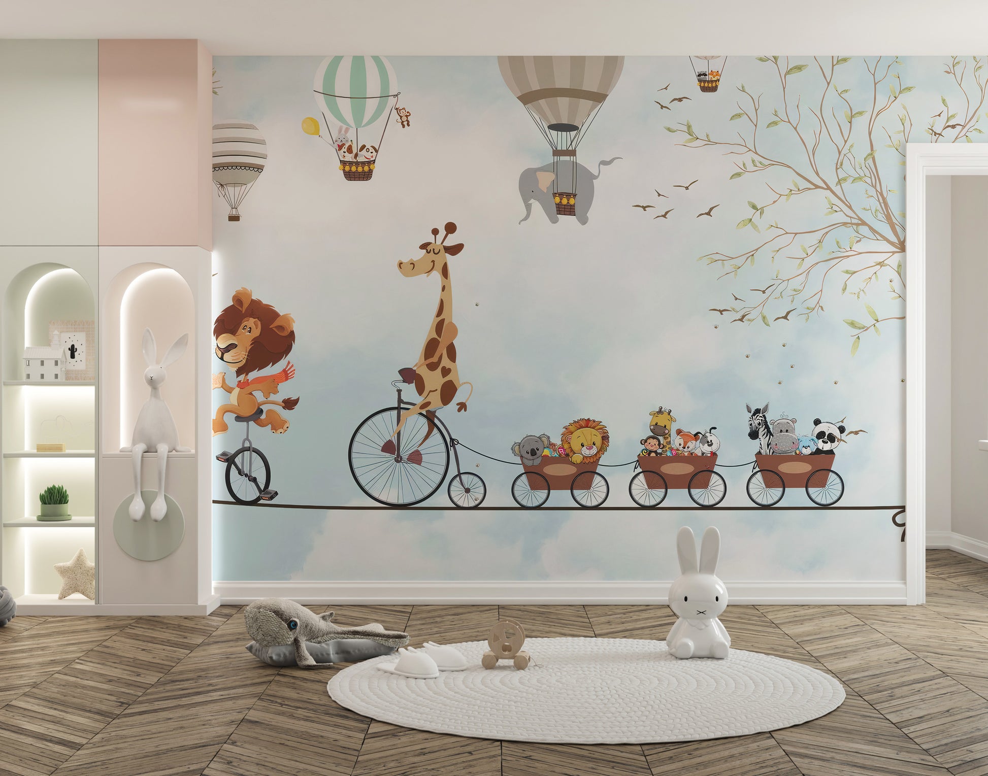 Playful wall mural with animal acrobats design
