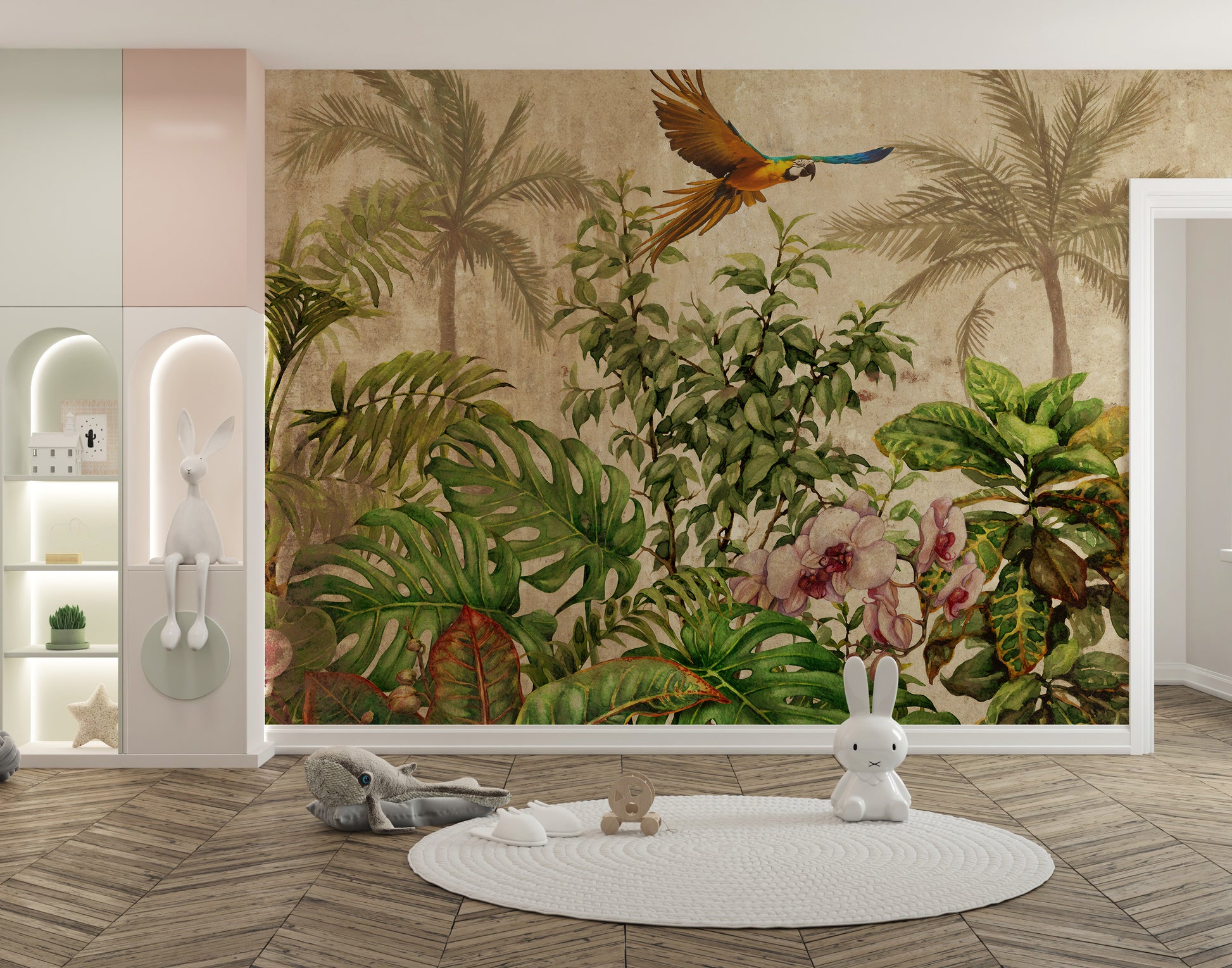 Lush tropical avian mural for living spaces
