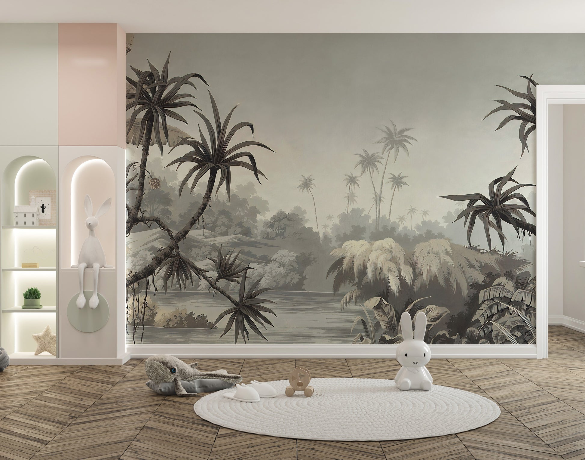 Luxurious tropical lake wall mural design
