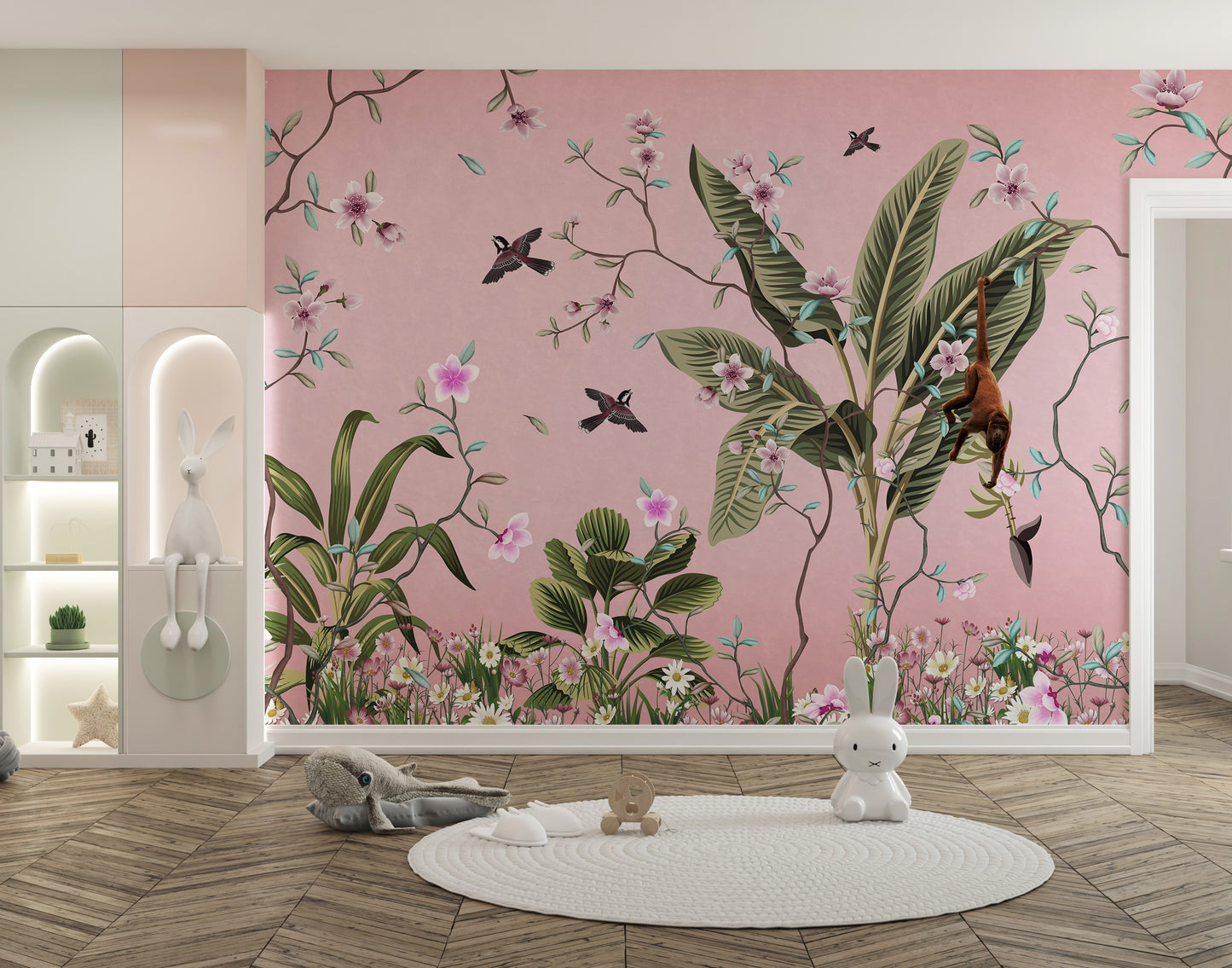 Sophisticated flower motifs on wall mural.
