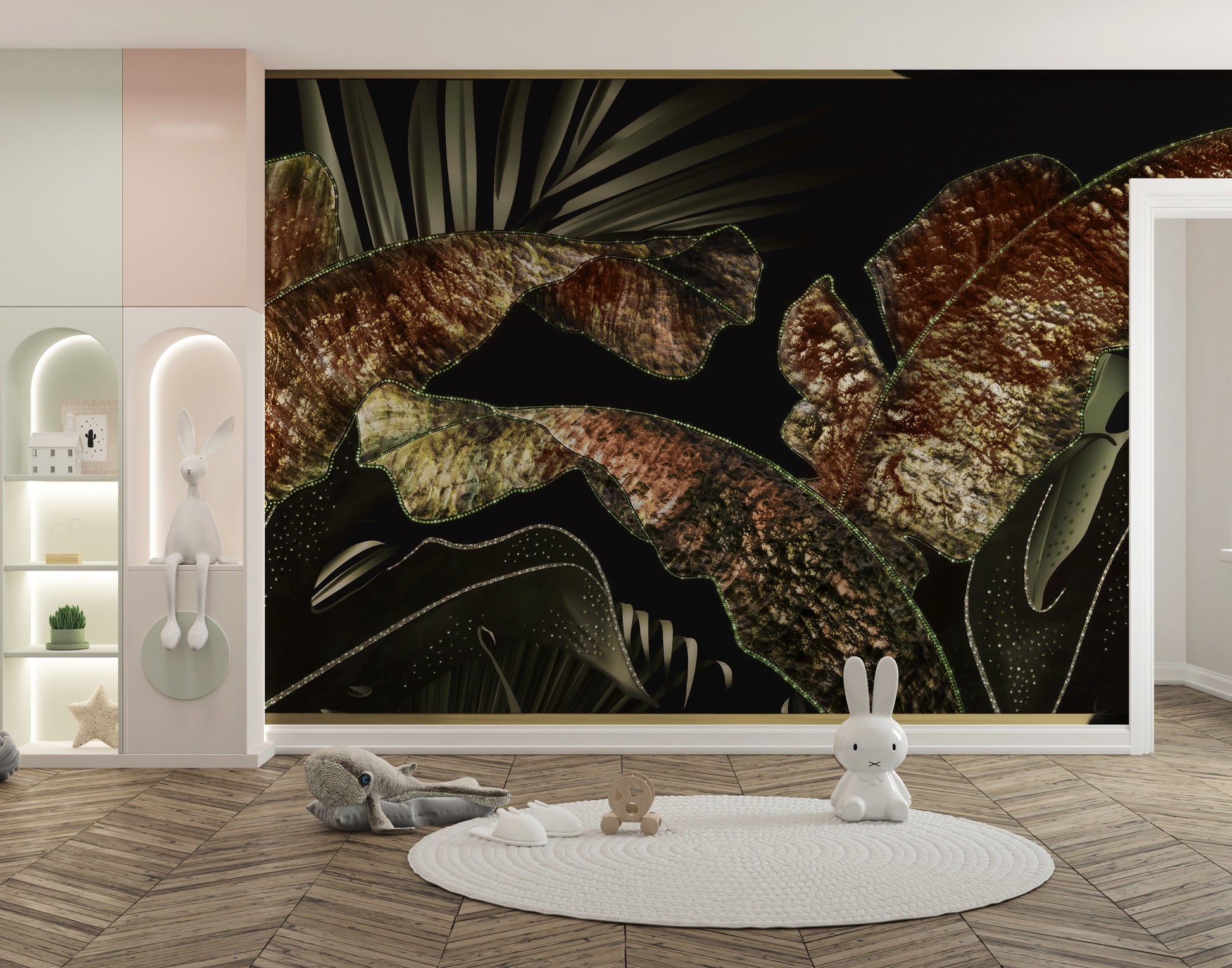 Golden tropical leaves mural for interiors
