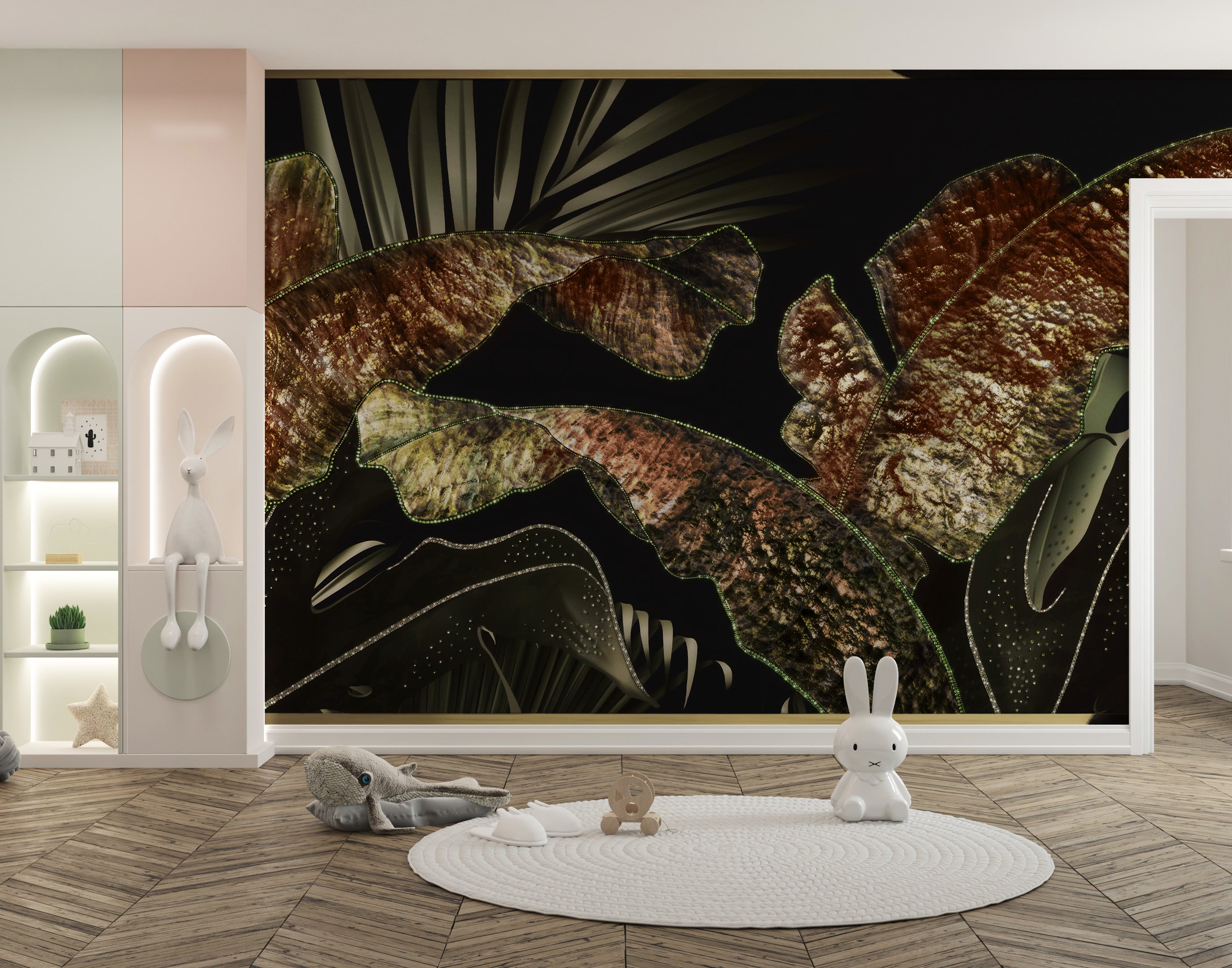 Golden tropical leaves mural for interiors
