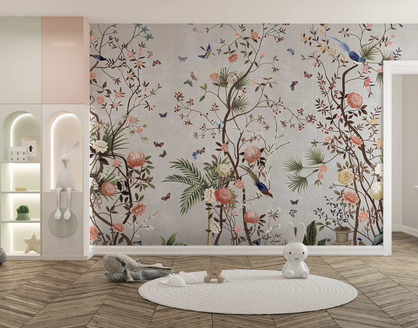 Nature-inspired mural with floral and bird accents
