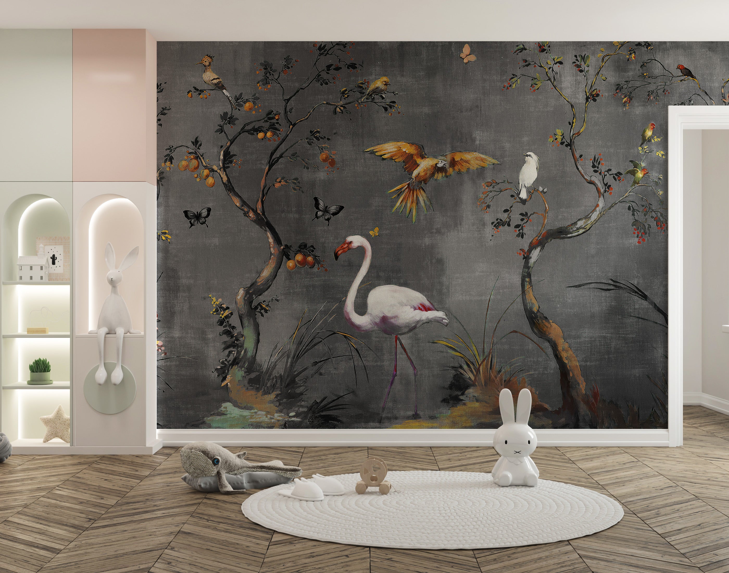 Watercolor bird wallpaper for elegant decor.
