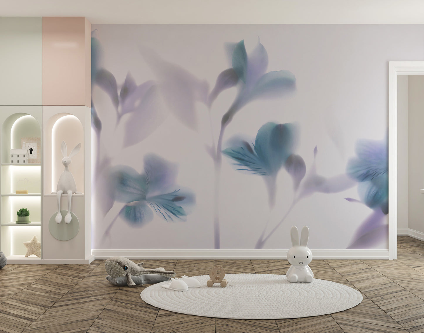 Delicate blue orchid mural for calm spaces.
