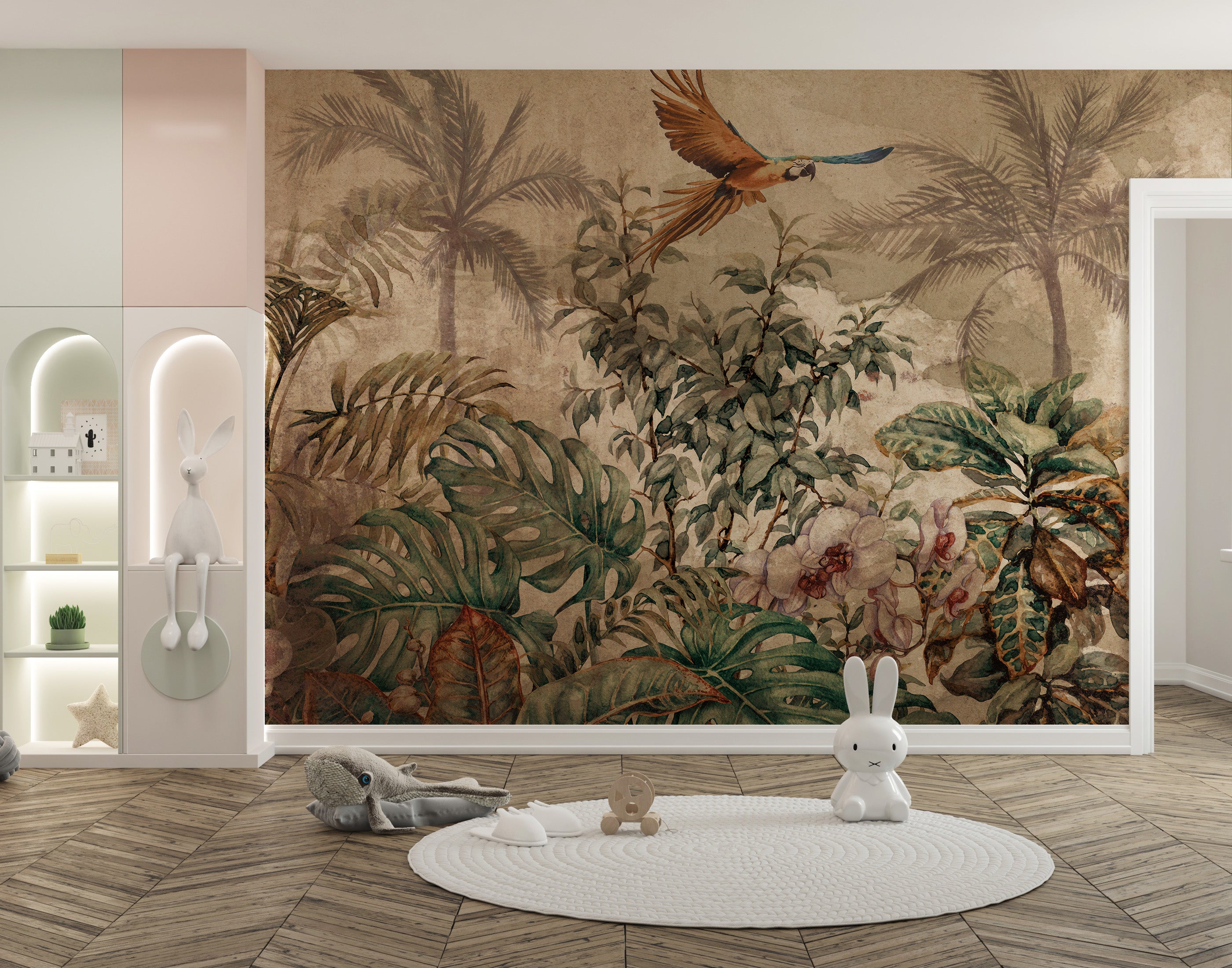 Antique-style tropical foliage wall mural.
