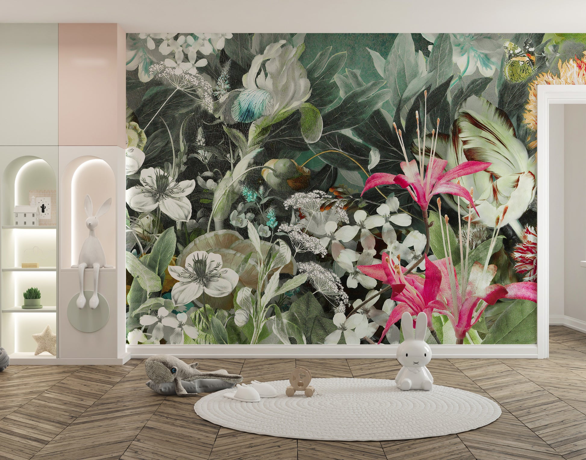 Colorful flowers and butterflies wall mural.
