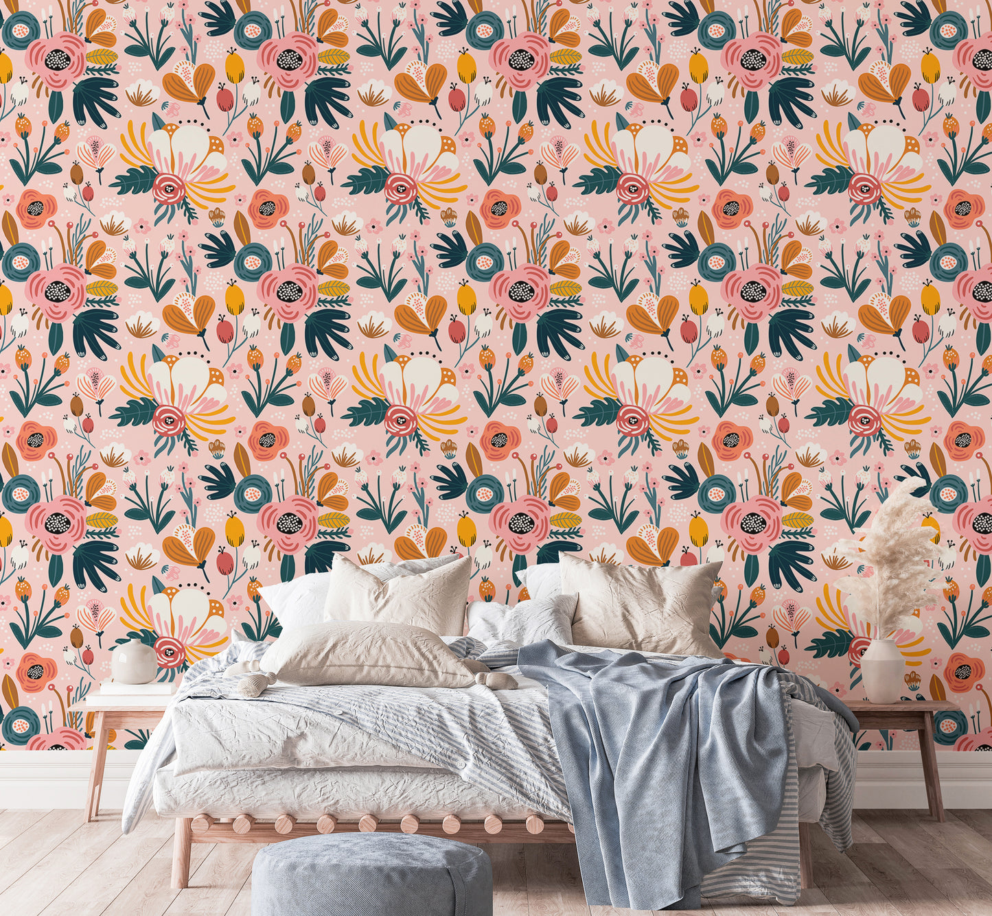 Colorful Flower Seamless Pattern Pink Background Wallpaper