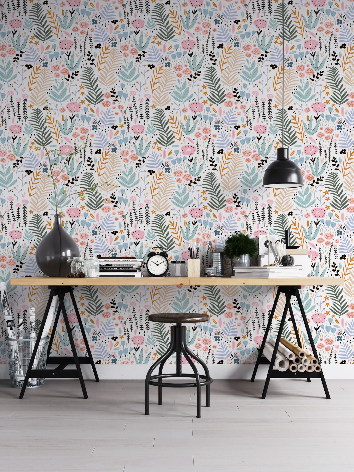 Colorful Leaves and Flower Repeat Pattern Wallpaper