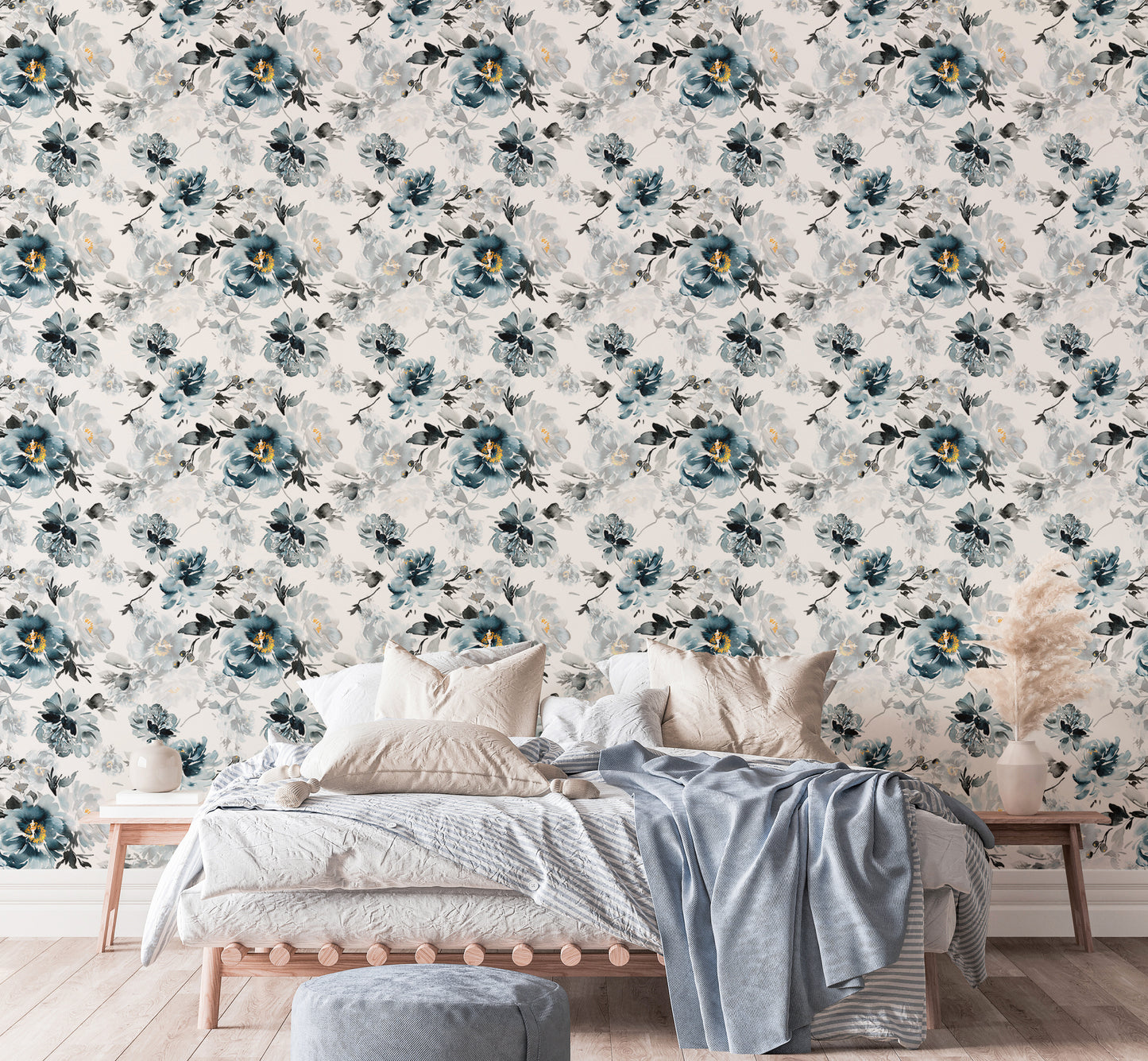 Removable Watercolor Flower Handmade Indigo Wallpaper