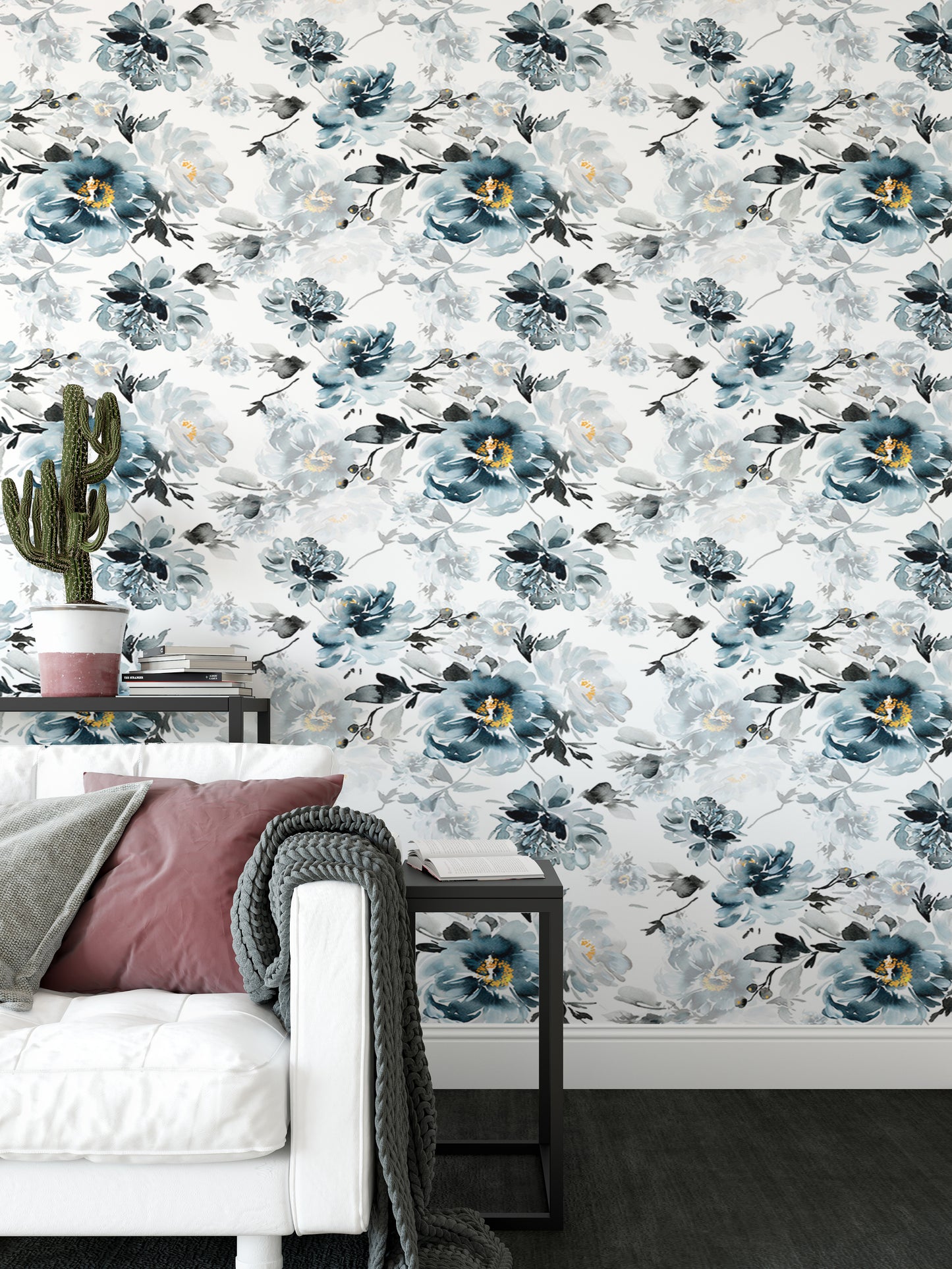 Removable Watercolor Flower Handmade Indigo Wallpaper