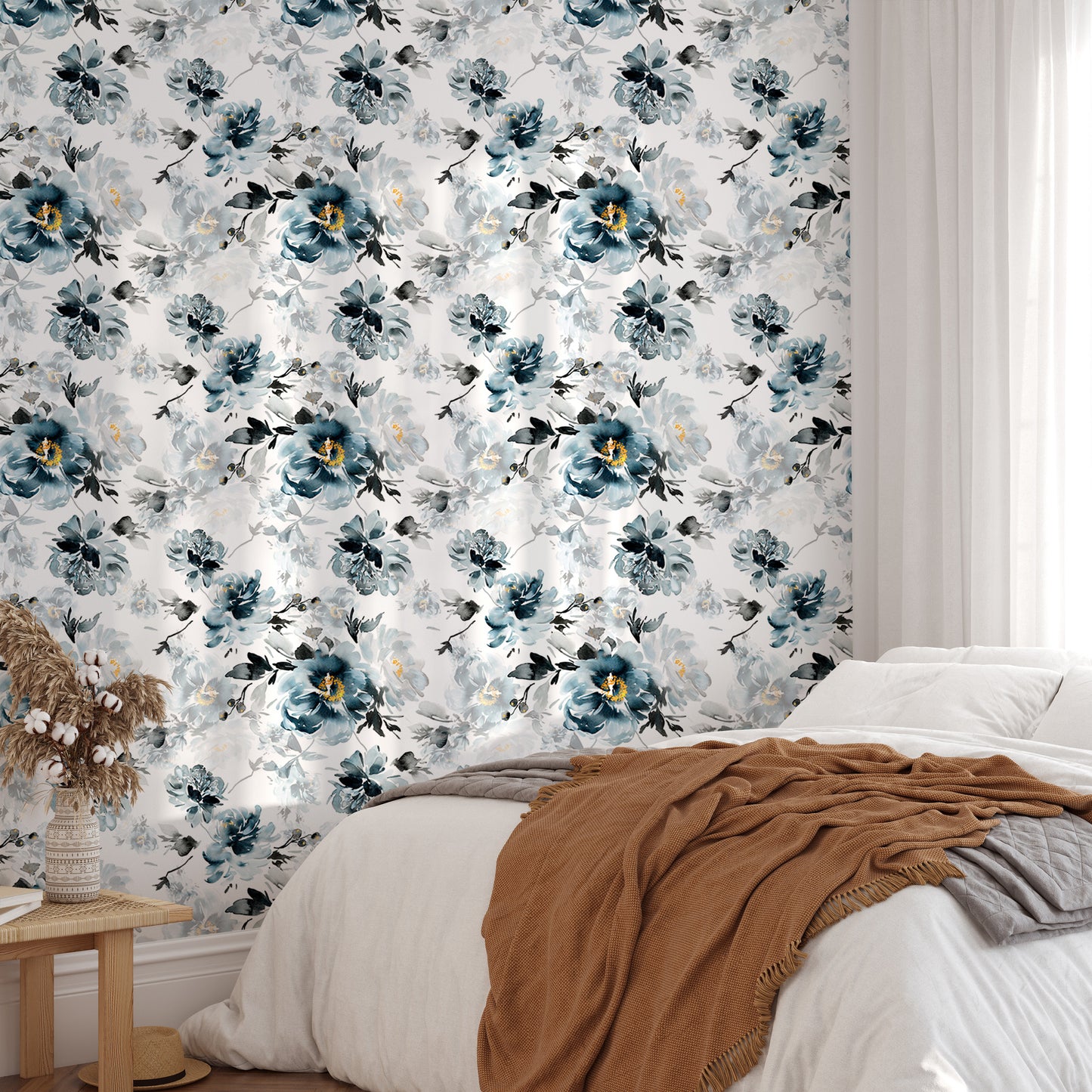 Removable Watercolor Flower Handmade Indigo Wallpaper