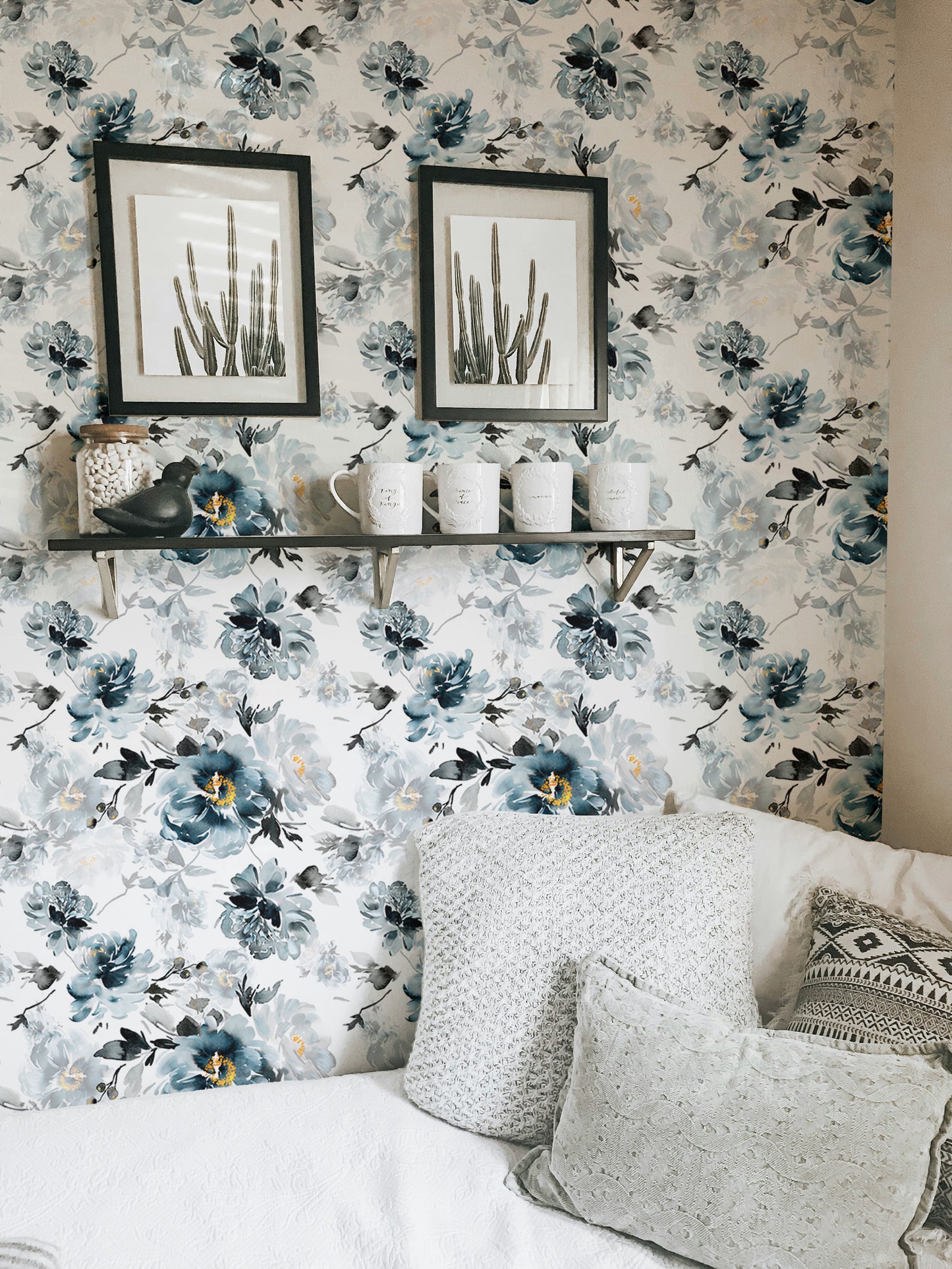 Removable Watercolor Flower Handmade Indigo Wallpaper