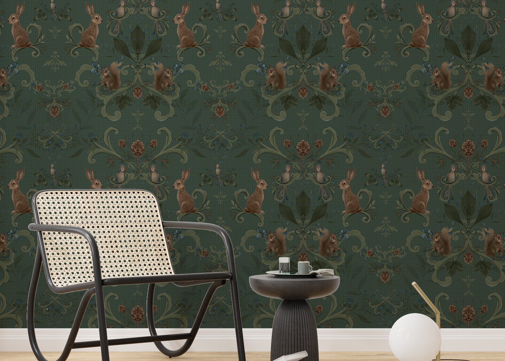 Green woodland wallpaper with Victorian animal illustrations