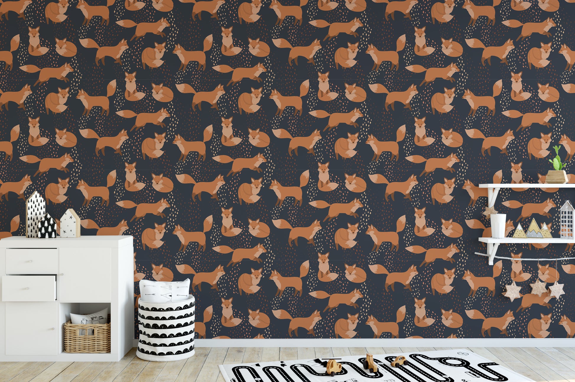 Playful orange foxes wallpaper mural
