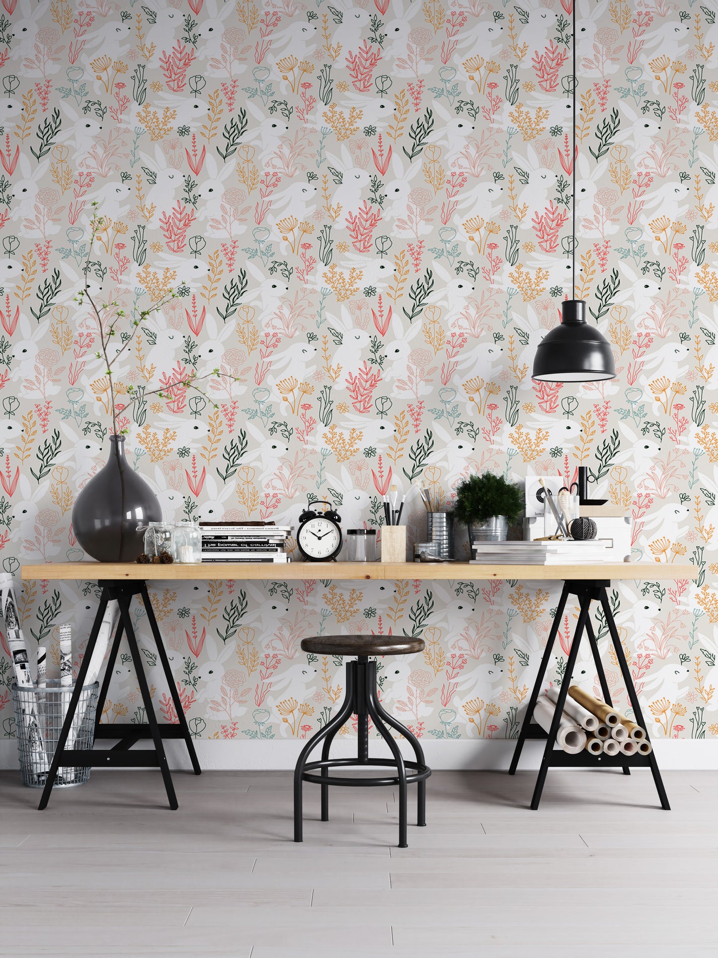 Rabbits Grass and Colorful Leaves Removable Wallpaper