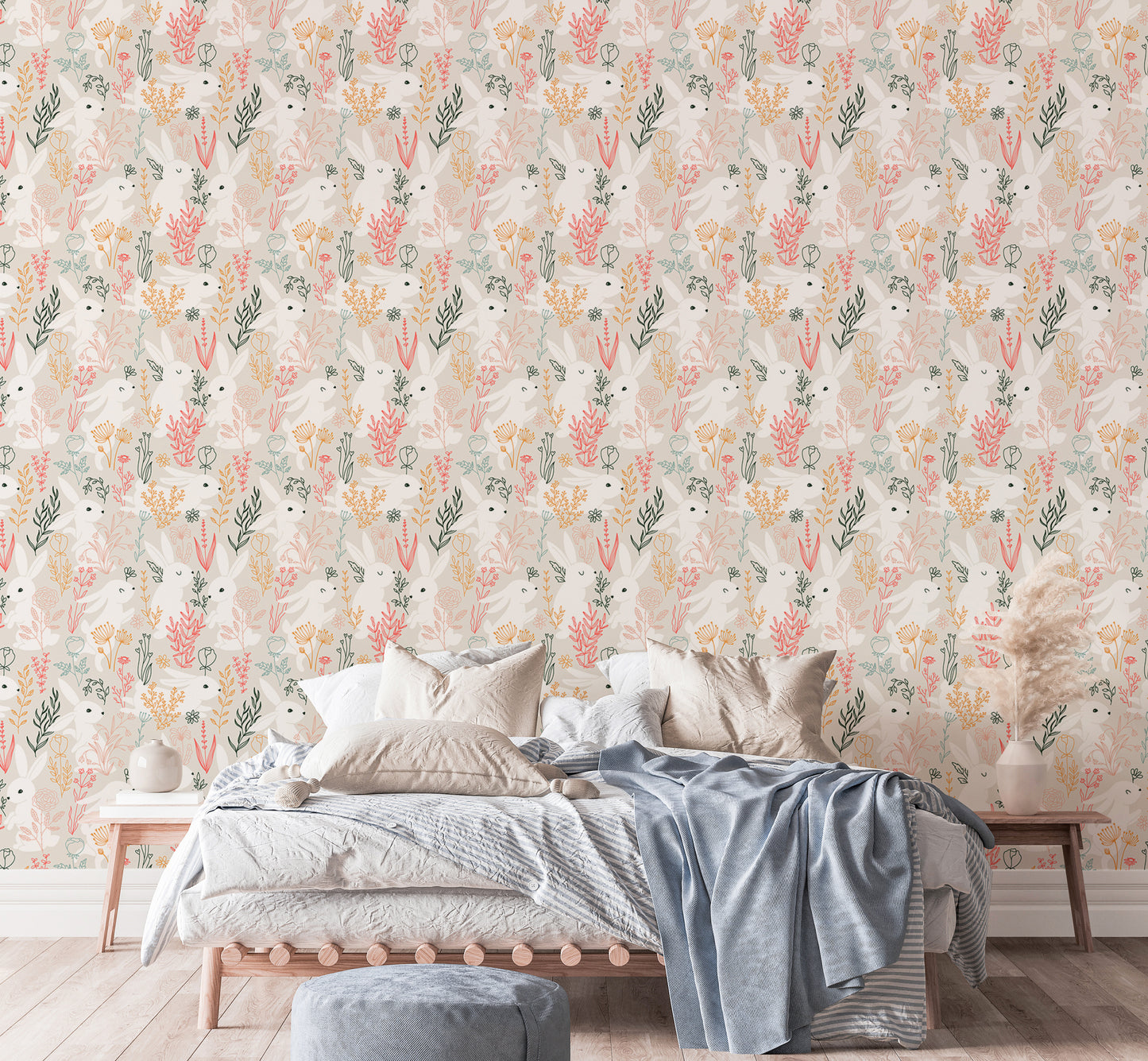 Rabbits Grass and Colorful Leaves Removable Wallpaper