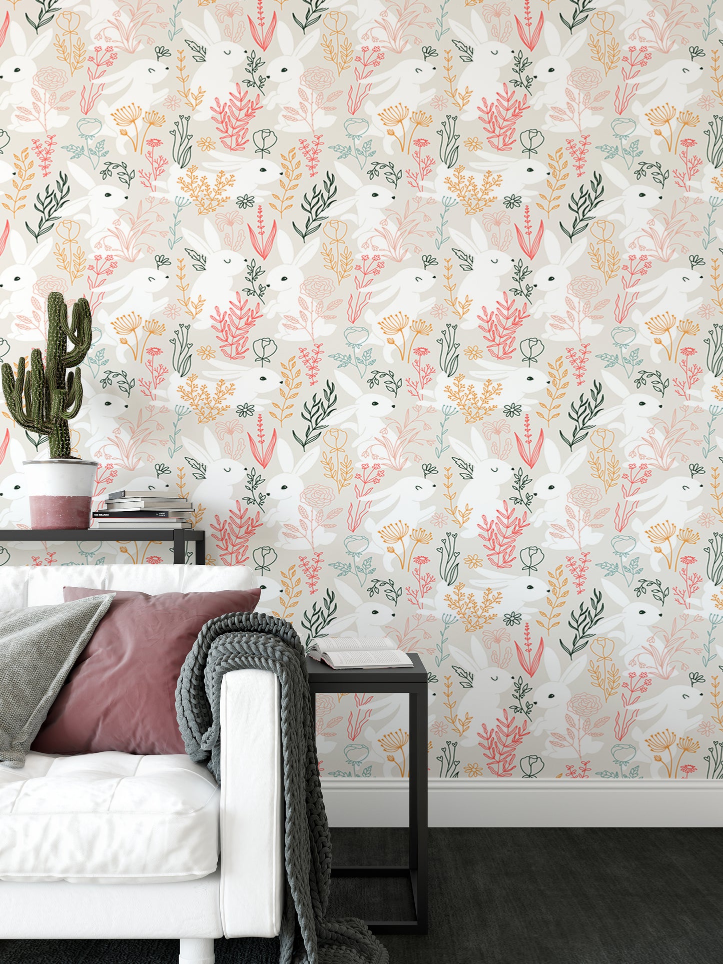 Rabbits Grass and Colorful Leaves Removable Wallpaper