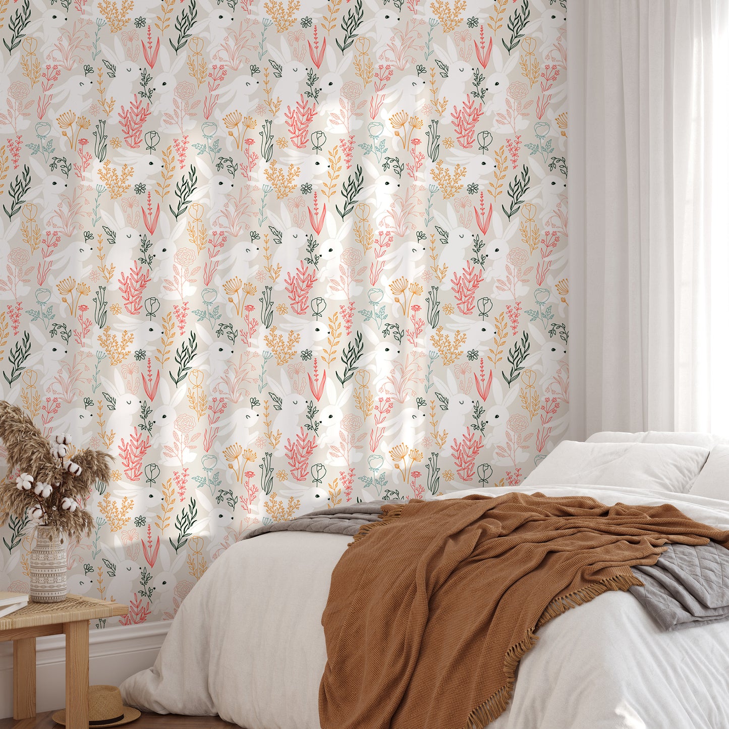 Rabbits Grass and Colorful Leaves Removable Wallpaper