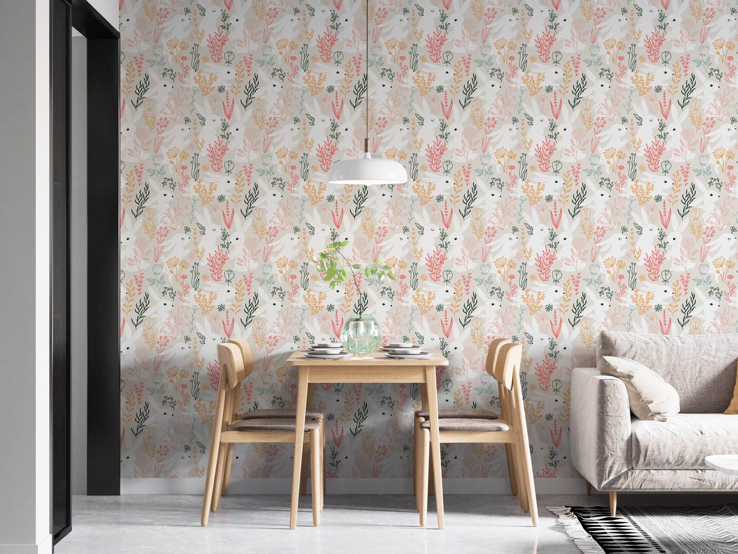 Rabbits Grass and Colorful Leaves Removable Wallpaper